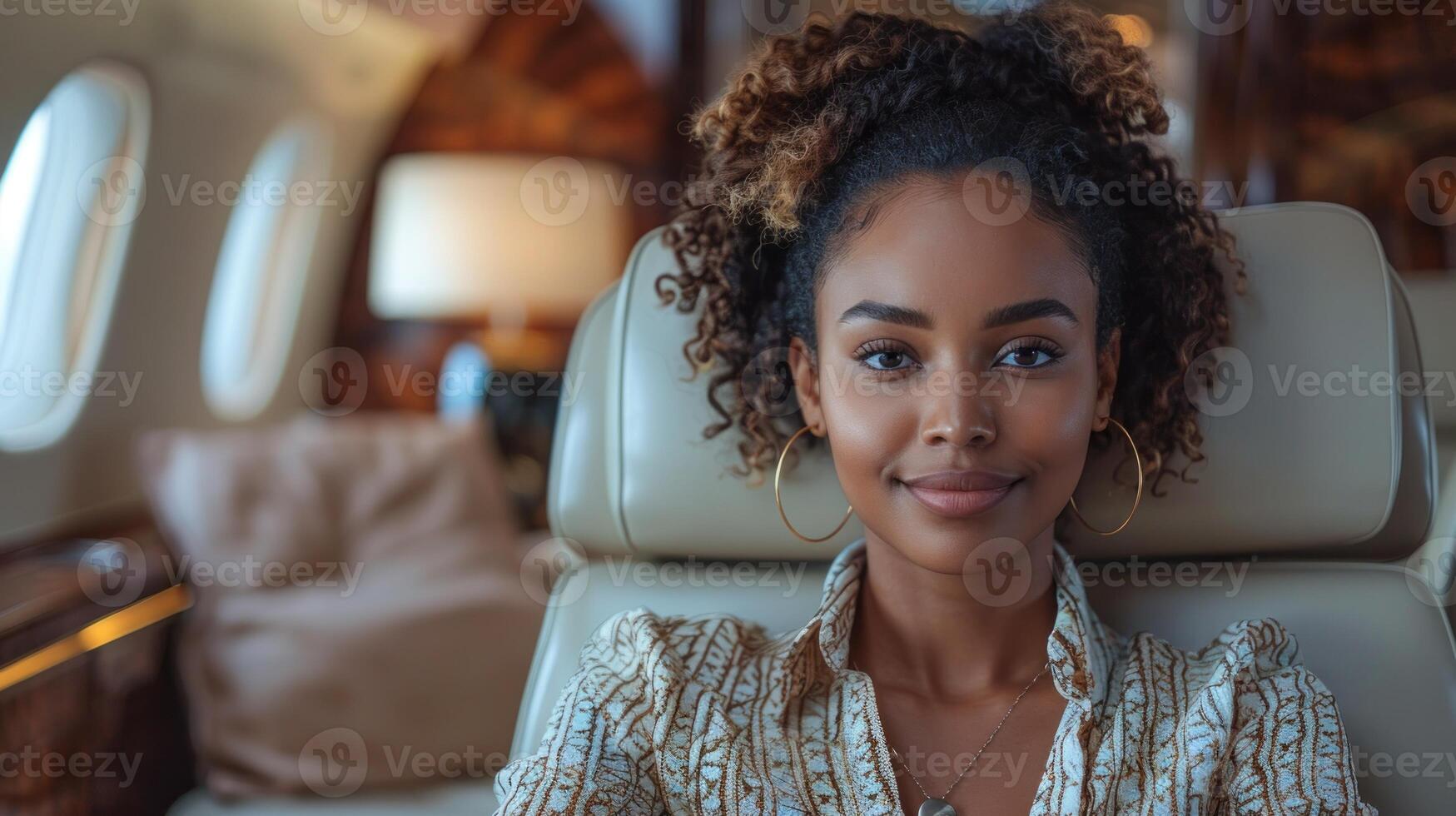 Woman sitting inside airplane and making eye contact with the camera photo