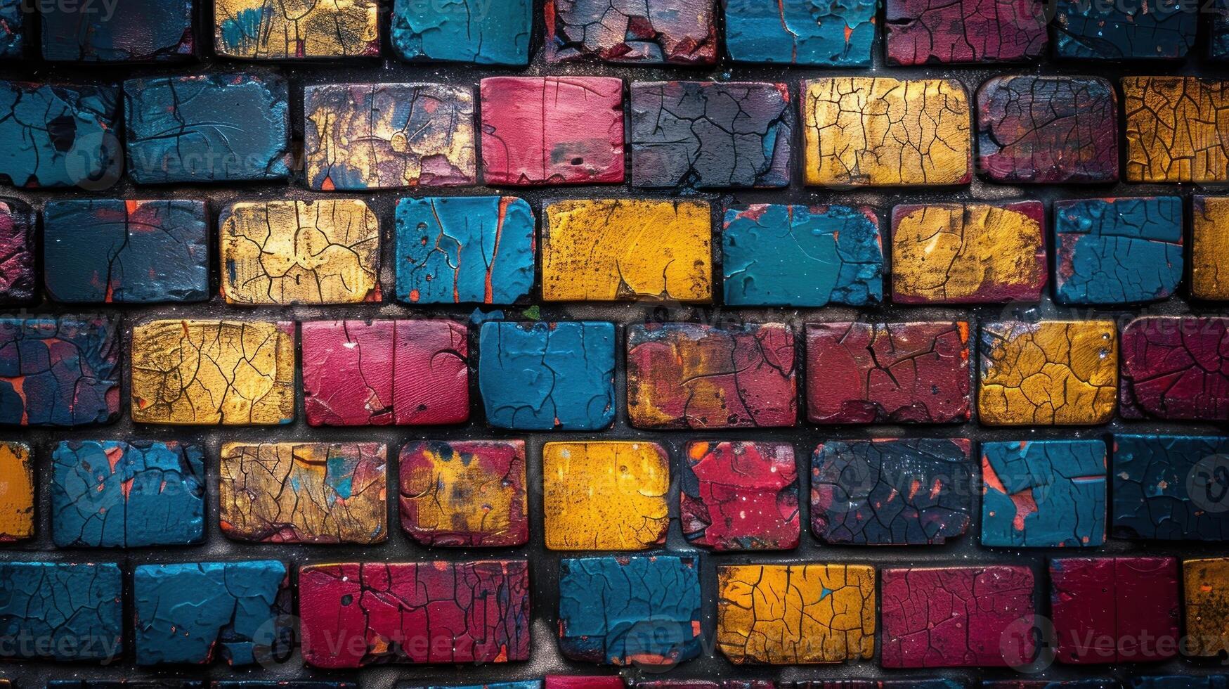 Vibrant brick wall covered in various colors of paint splatters photo