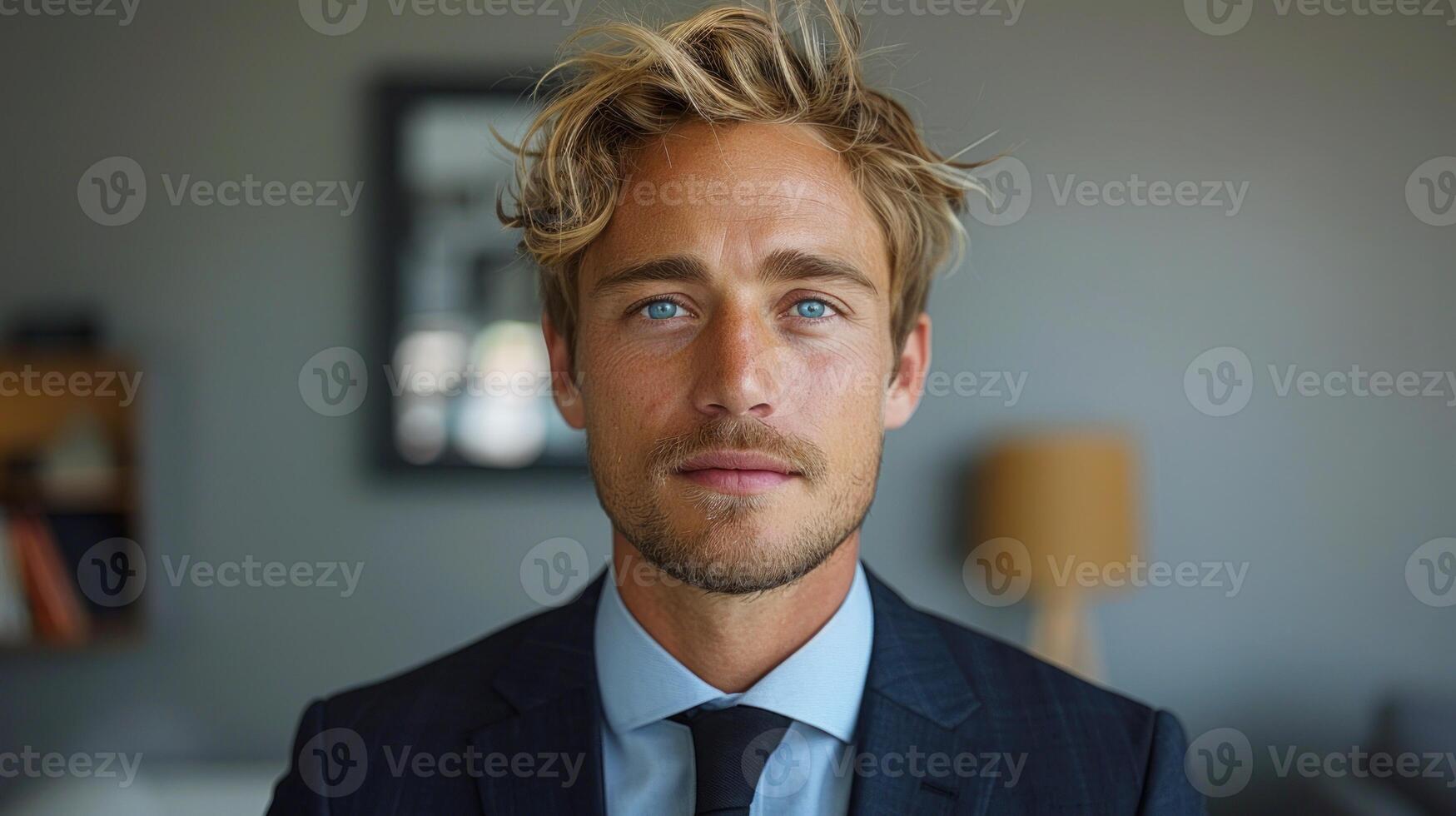 A man dressed in a suit and tie stands in a living room photo