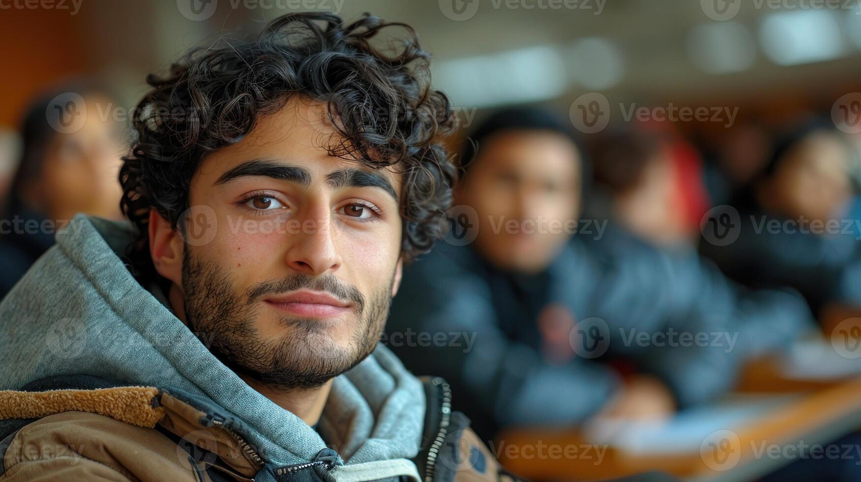 A close-up view of a person studying in a classroom setting photo