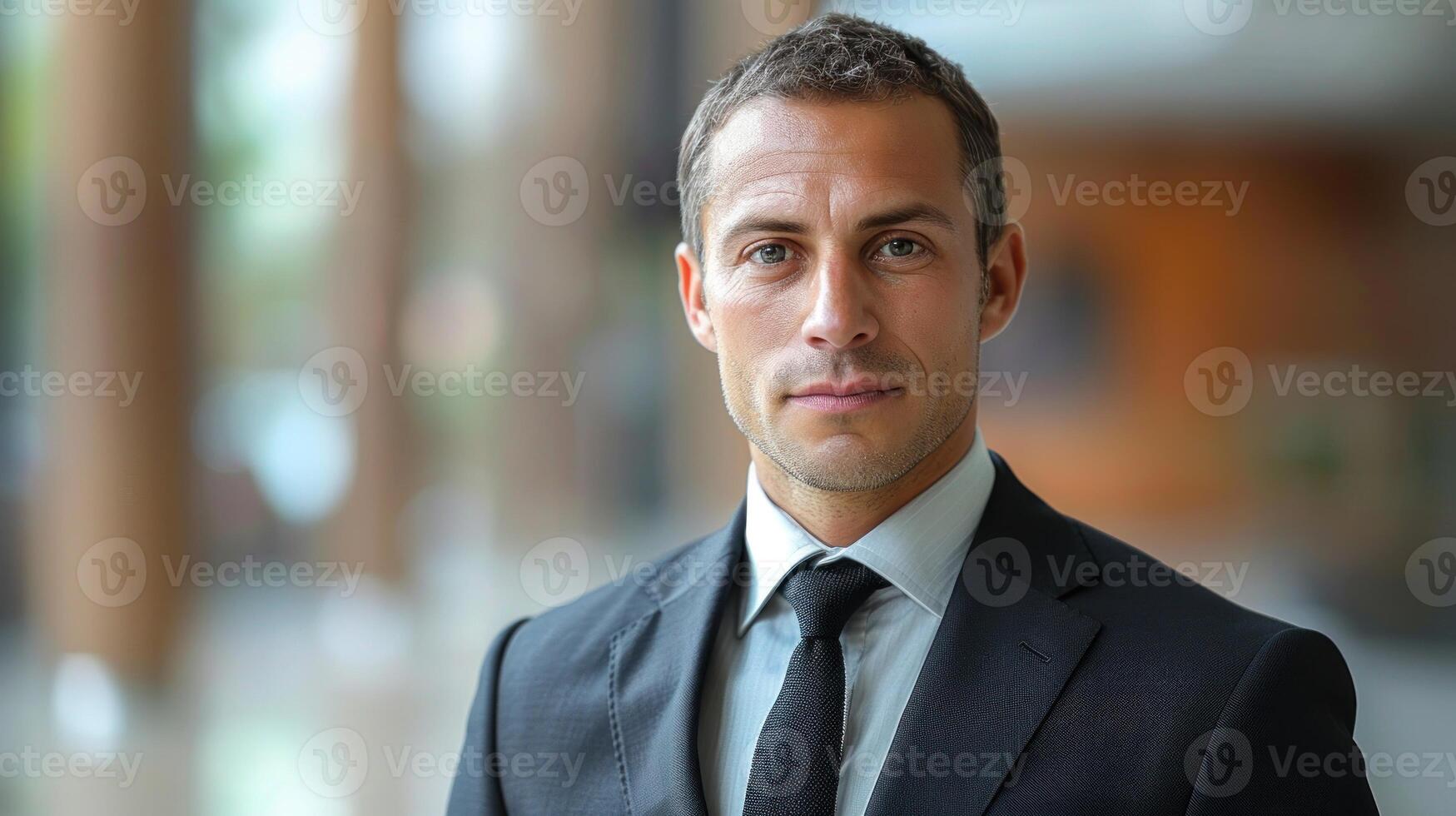 A man in formal attire stands confidently in front of a business building photo