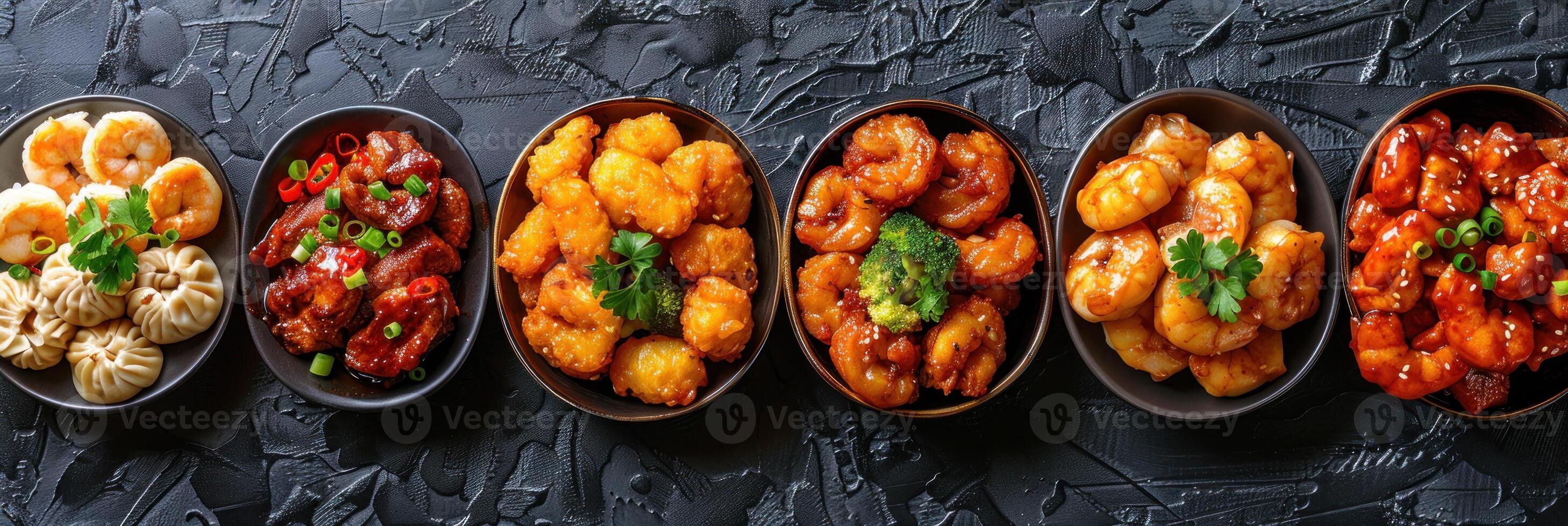 Four bowls filled with various types of food arranged in a row on a table photo