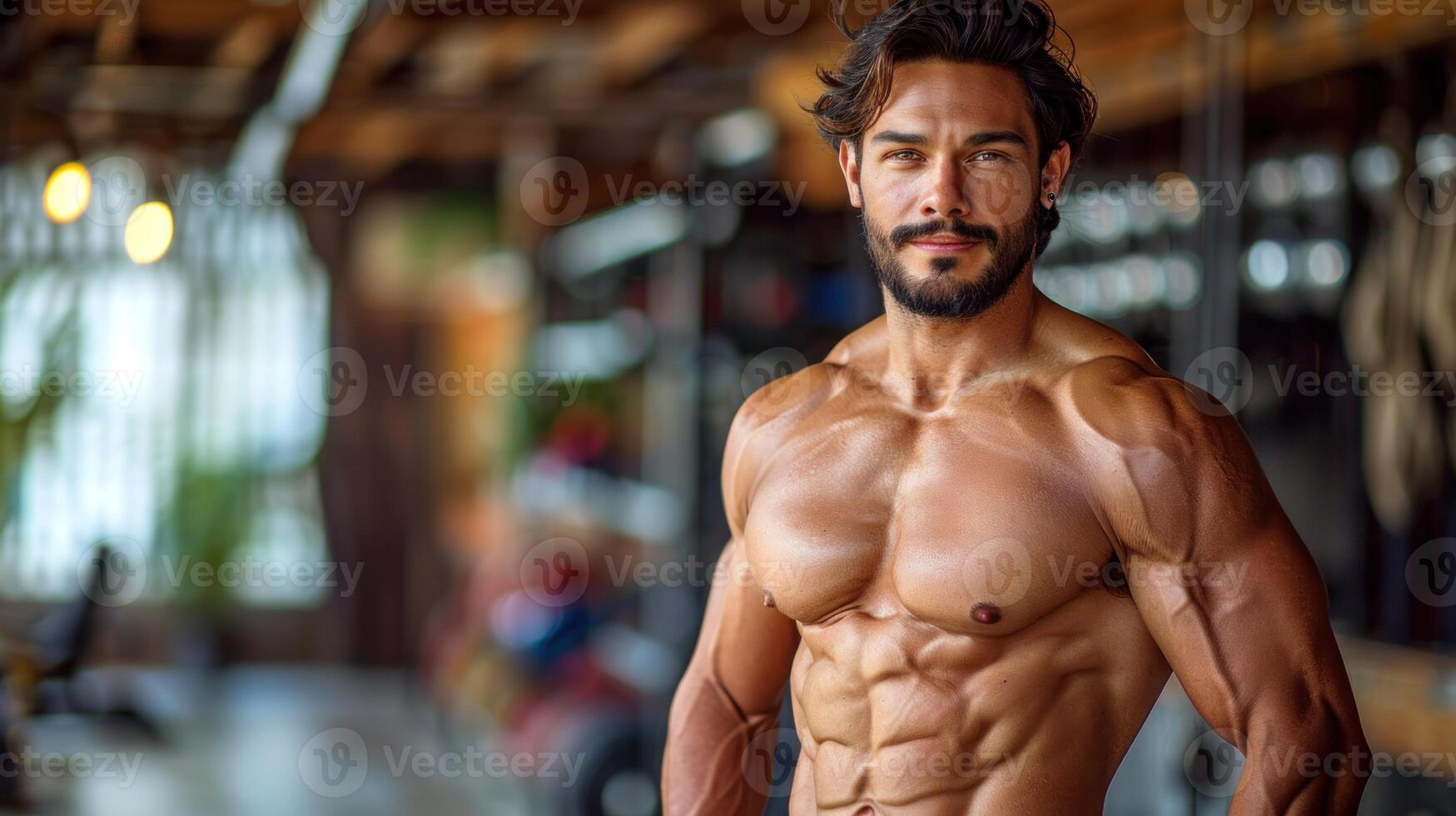 A man with a beard posing for a picture without a shirt on photo