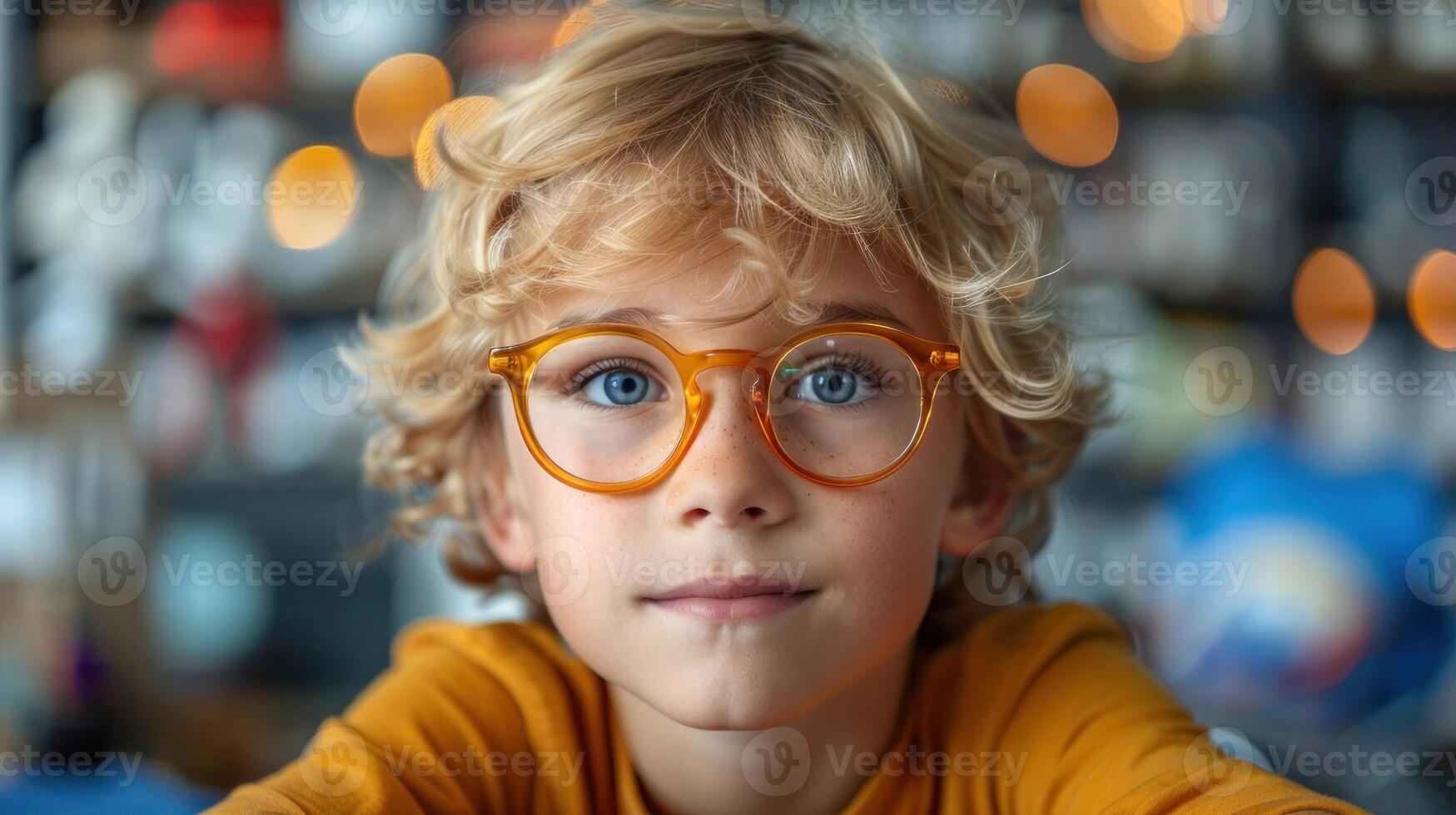 A young boy, wearing glasses, making eye contact with the camera photo