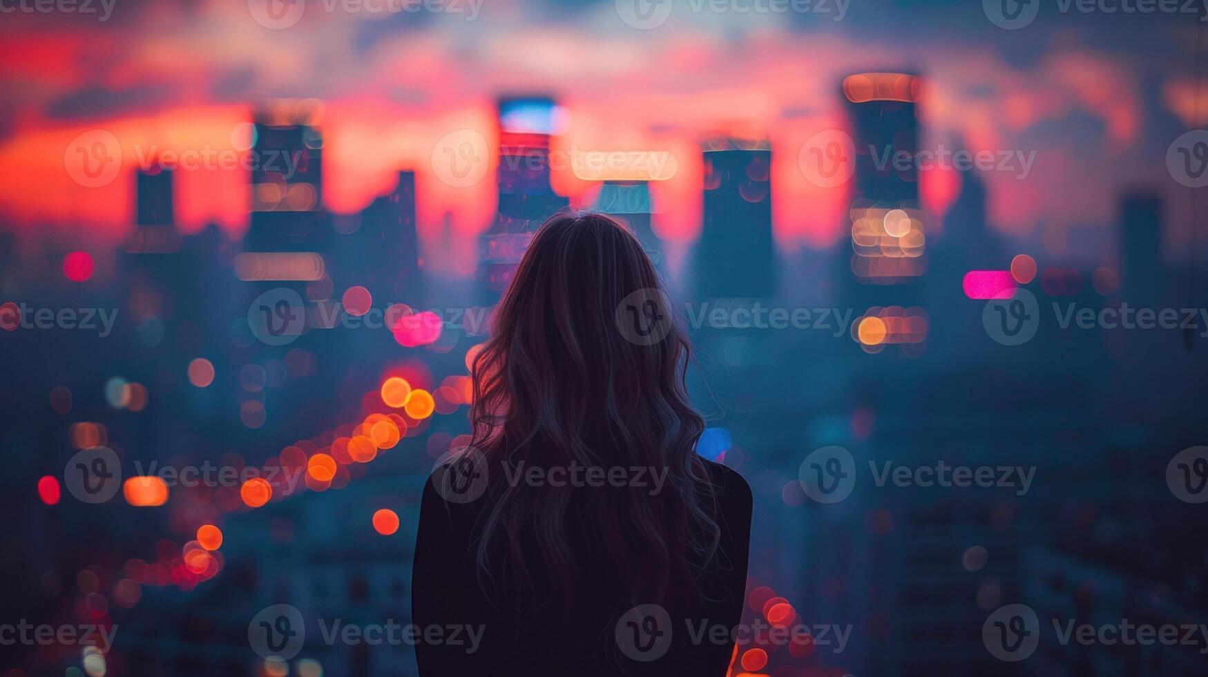 A woman stands on a high vantage point, looking out over a city brightly illuminated by night lights photo