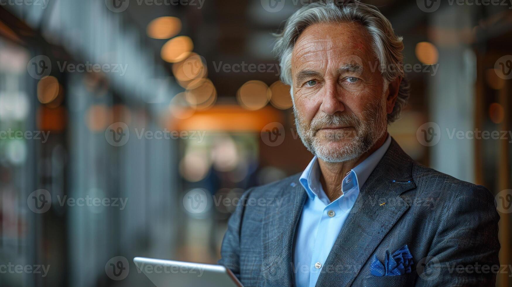 A man in a formal suit focused on a tablet screen photo