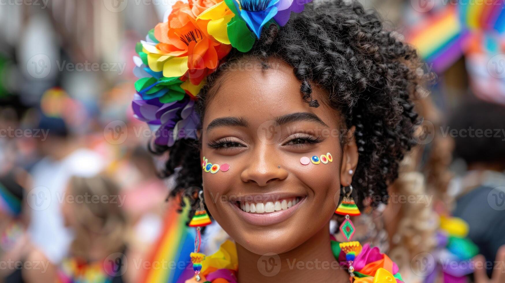 A woman wearing a rainbow outfit smiles directly at the camera photo