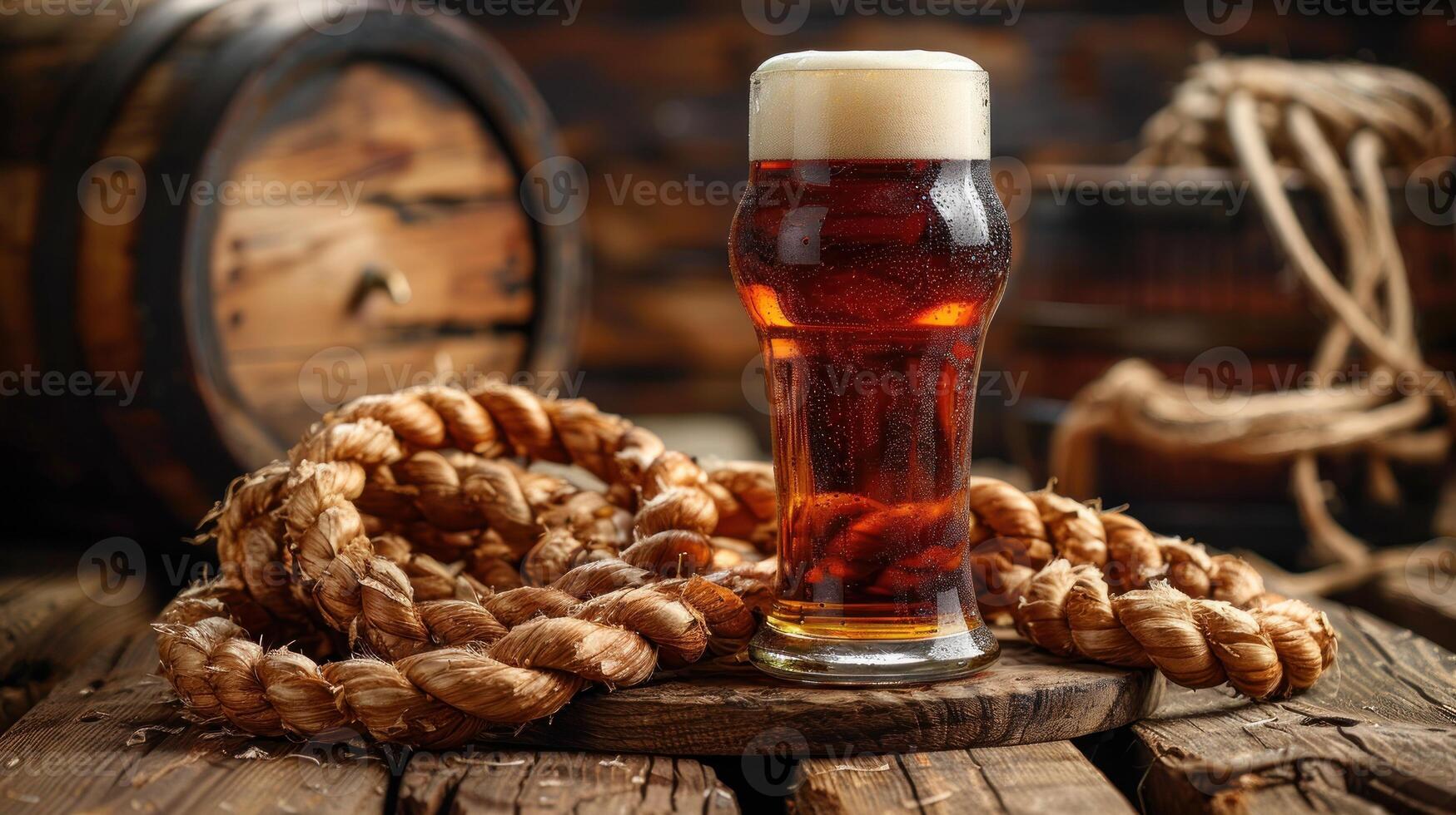 A glass of beer resting on a wooden table photo