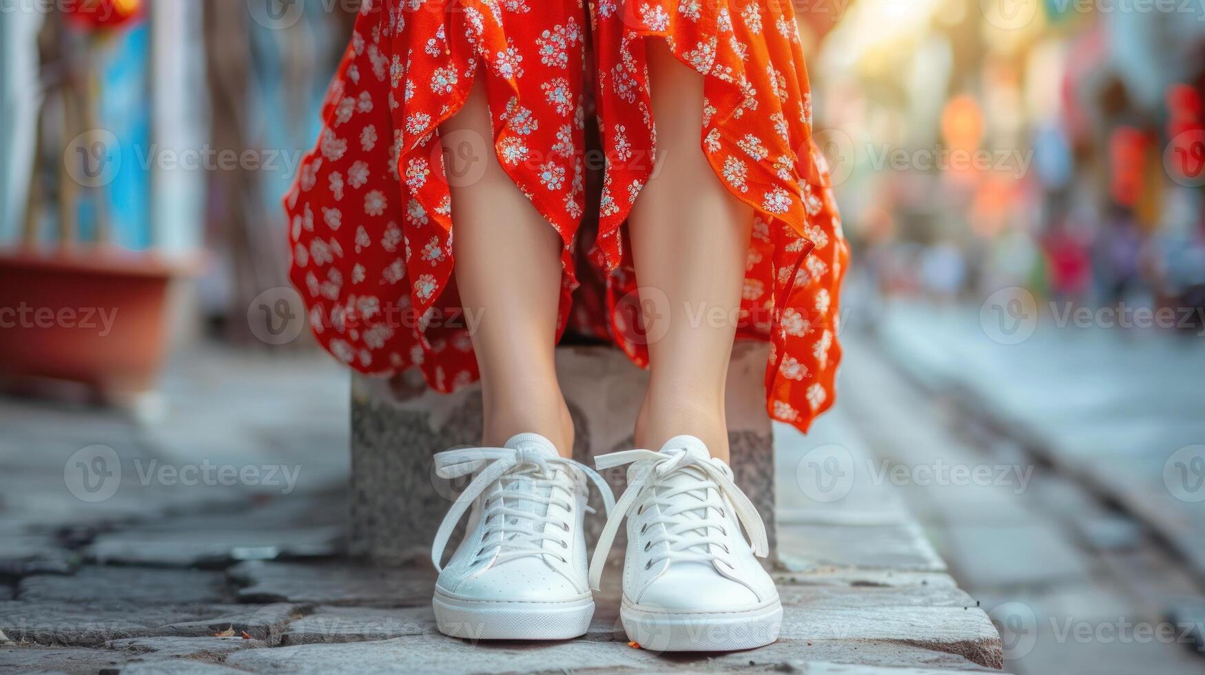 Woman wearing red dress and white tennis shoes photo