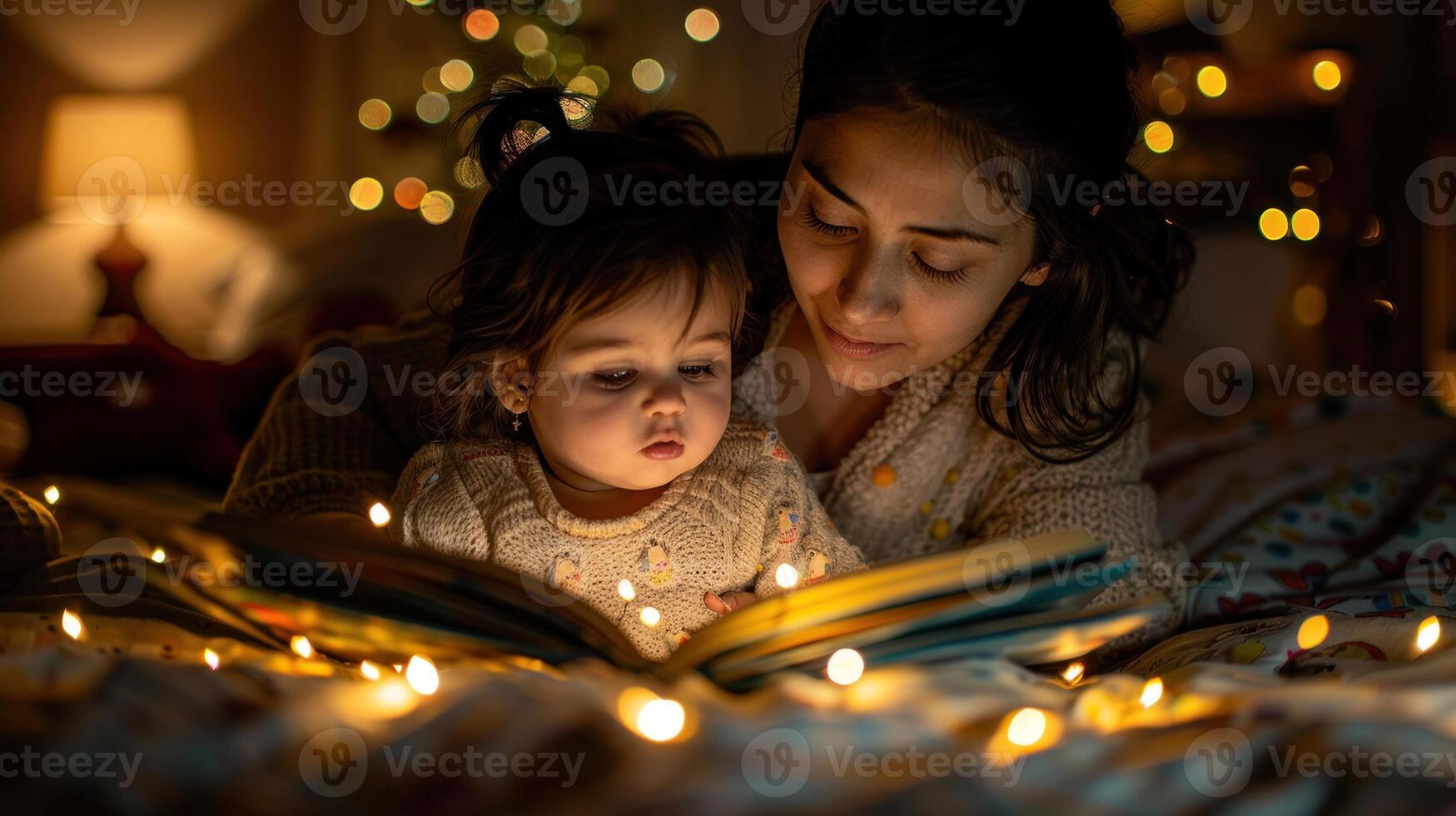 A woman sitting and reading a book to a little girl photo