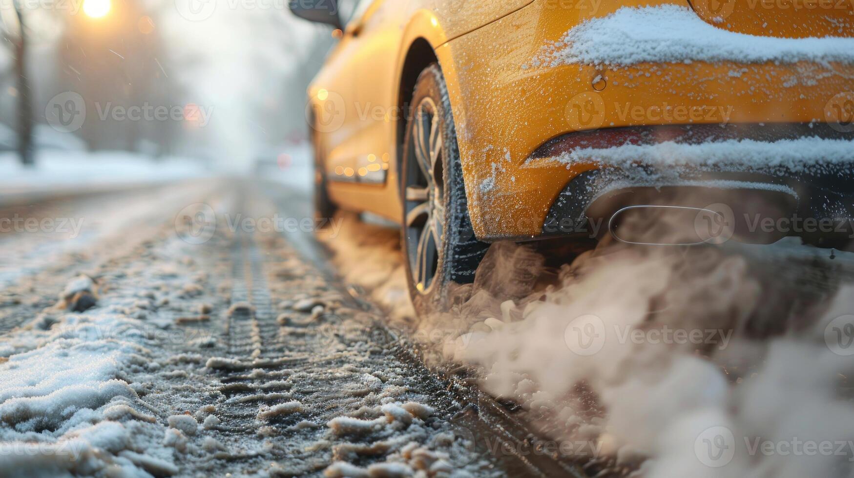 Yellow taxi on a snowy road photo