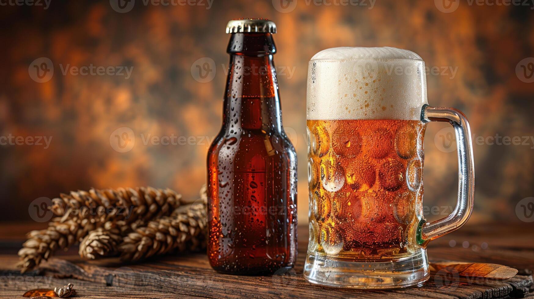 Glass of beer placed beside a bottle of beer on a table photo