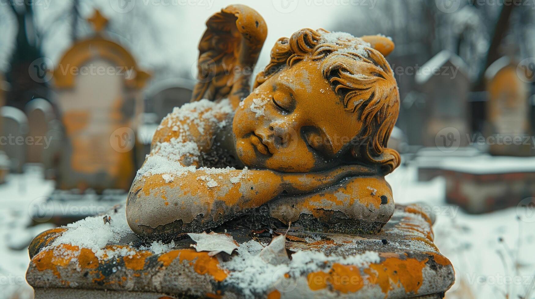A statue of an angel is covered in snow photo