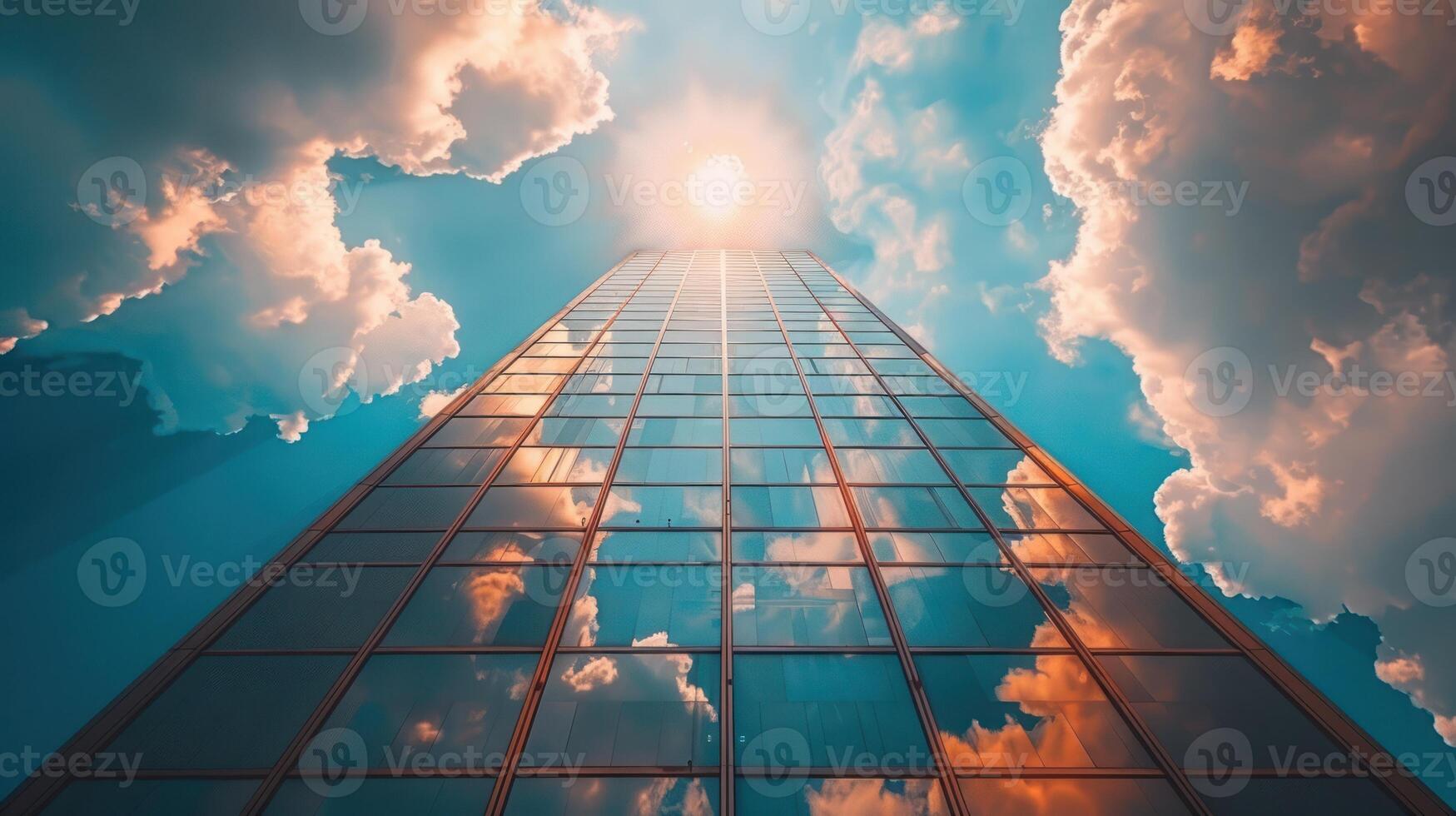 A tall building reaching towards clouds in the sky photo