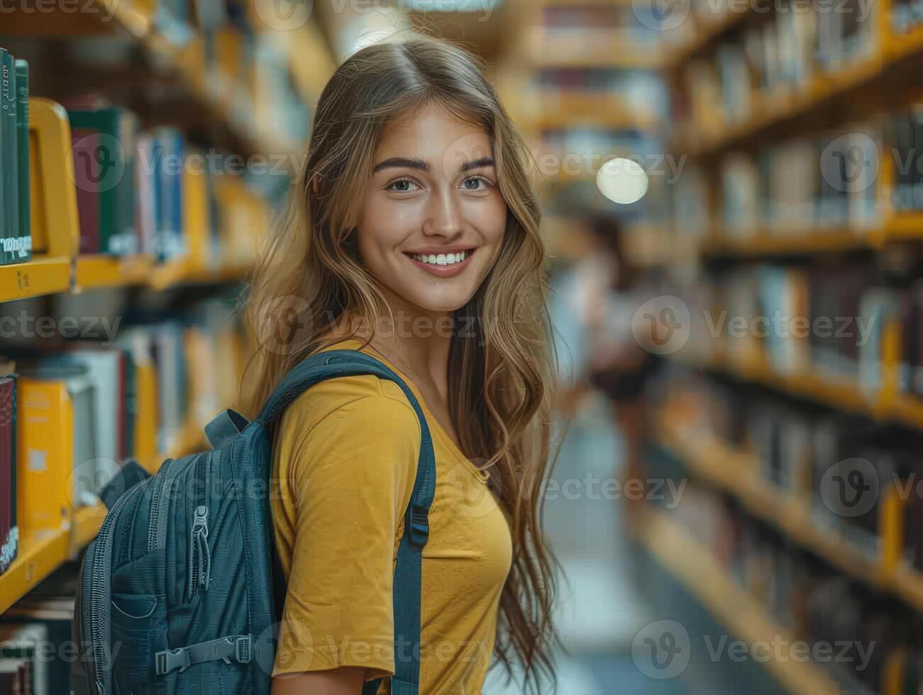 un mujer con un mochila en pie en medio de estantería lleno con libros en un biblioteca foto