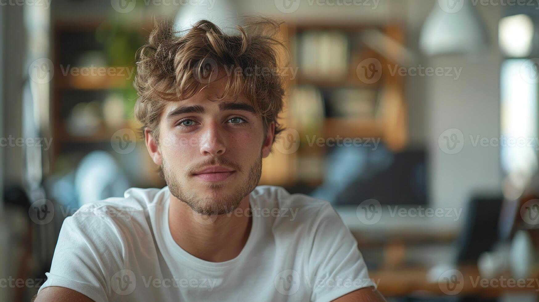 A young man is seated at a table in a living room photo
