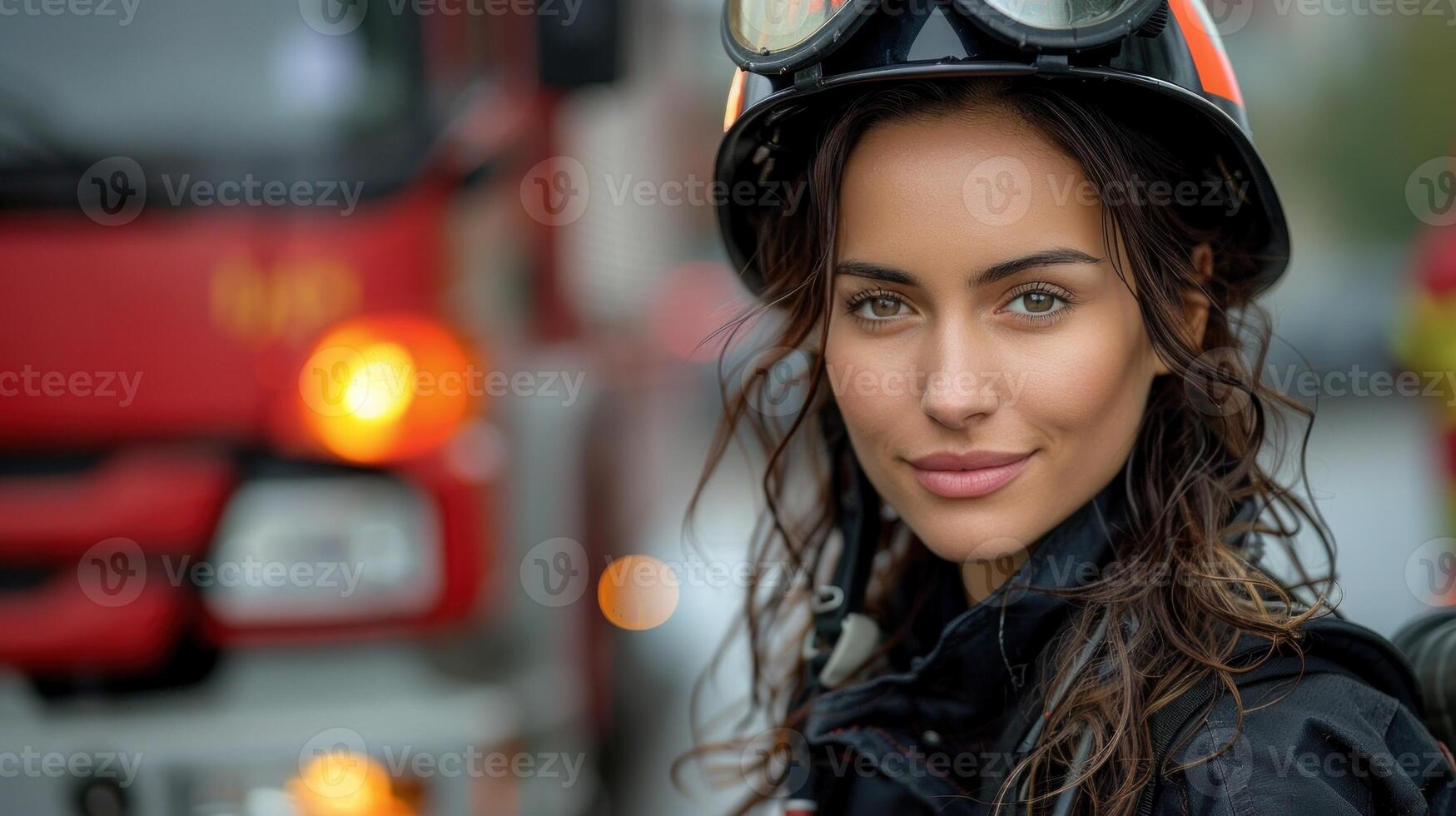 Woman in protective gear stands by fire truck photo