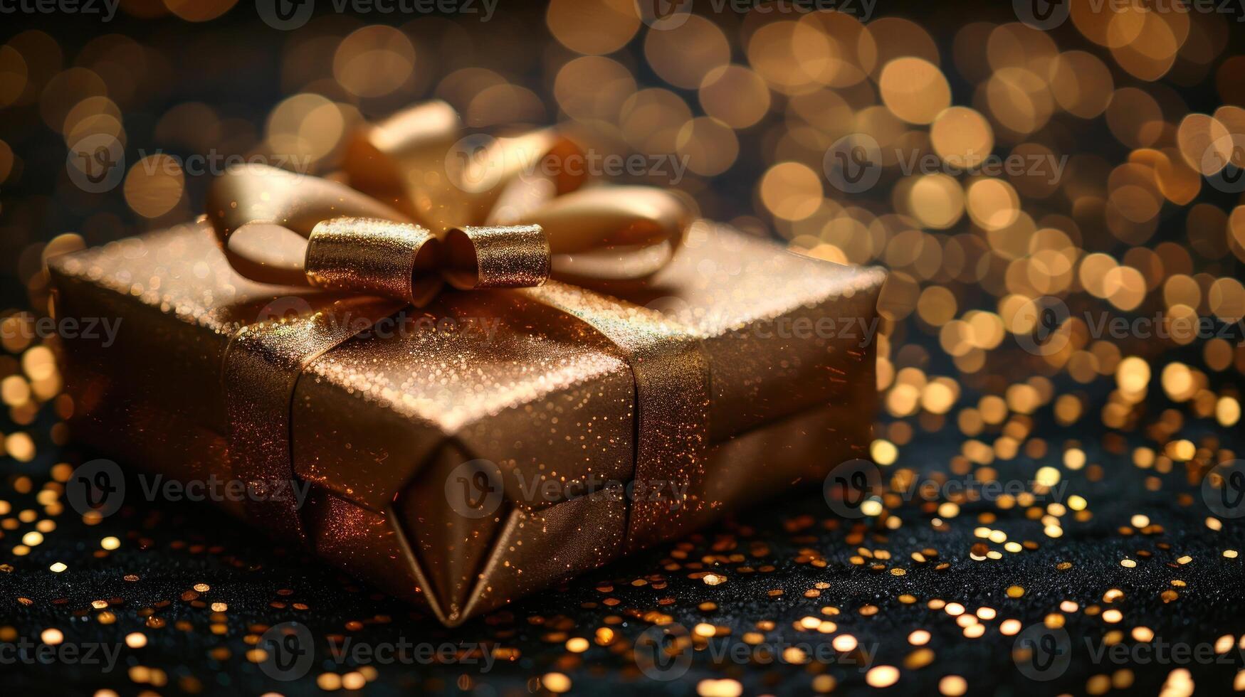 A shiny gold gift box adorned with a decorative bow photo