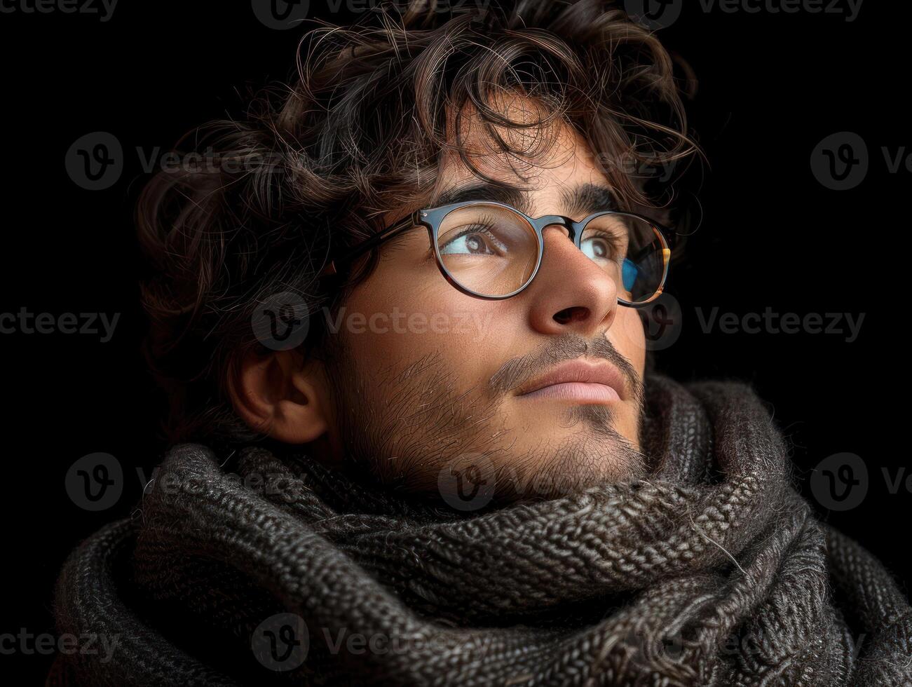 A man wearing glasses and a scarf standing outside photo