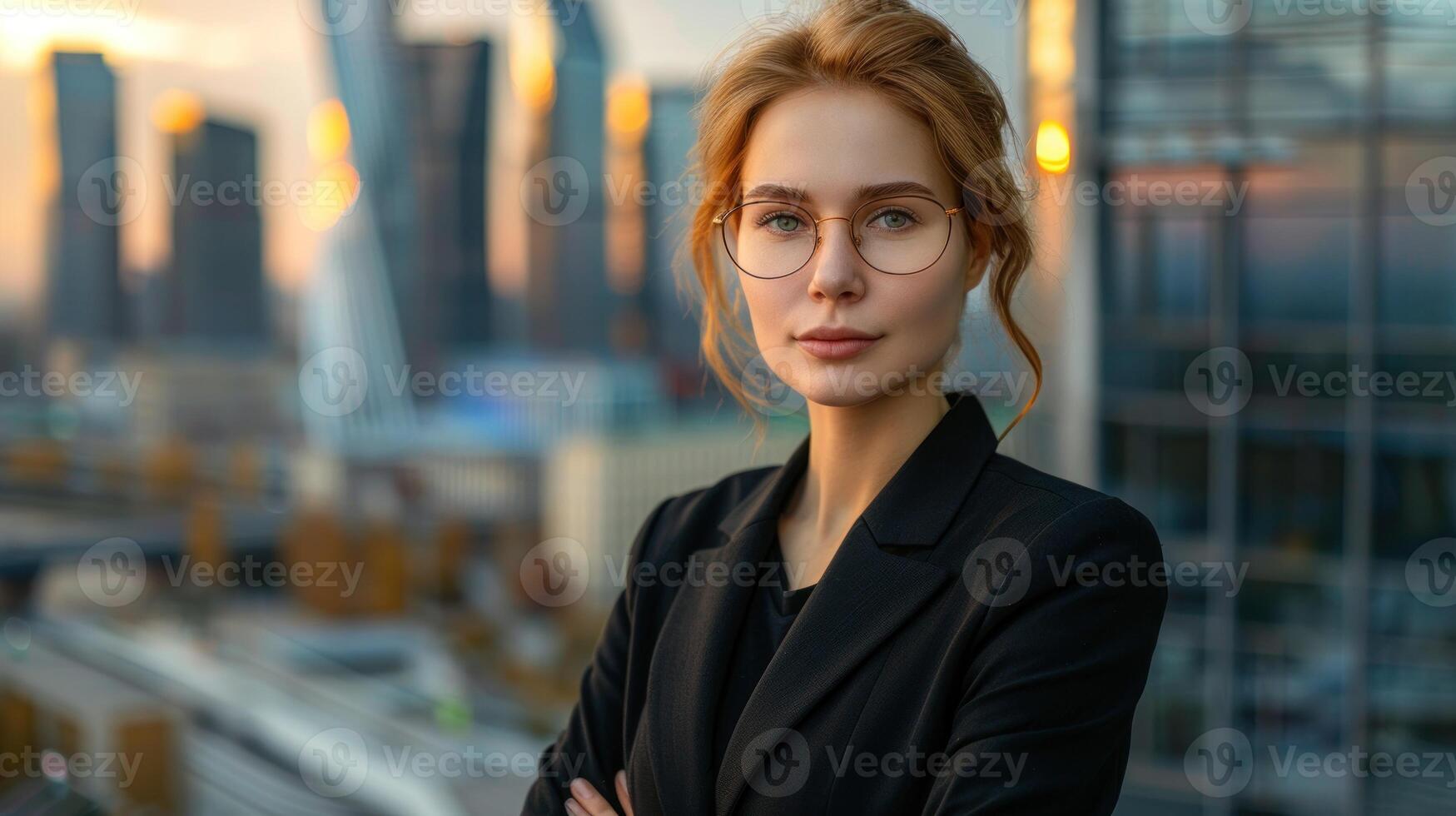 un mujer con lentes soportes en frente de un ciudad horizonte foto