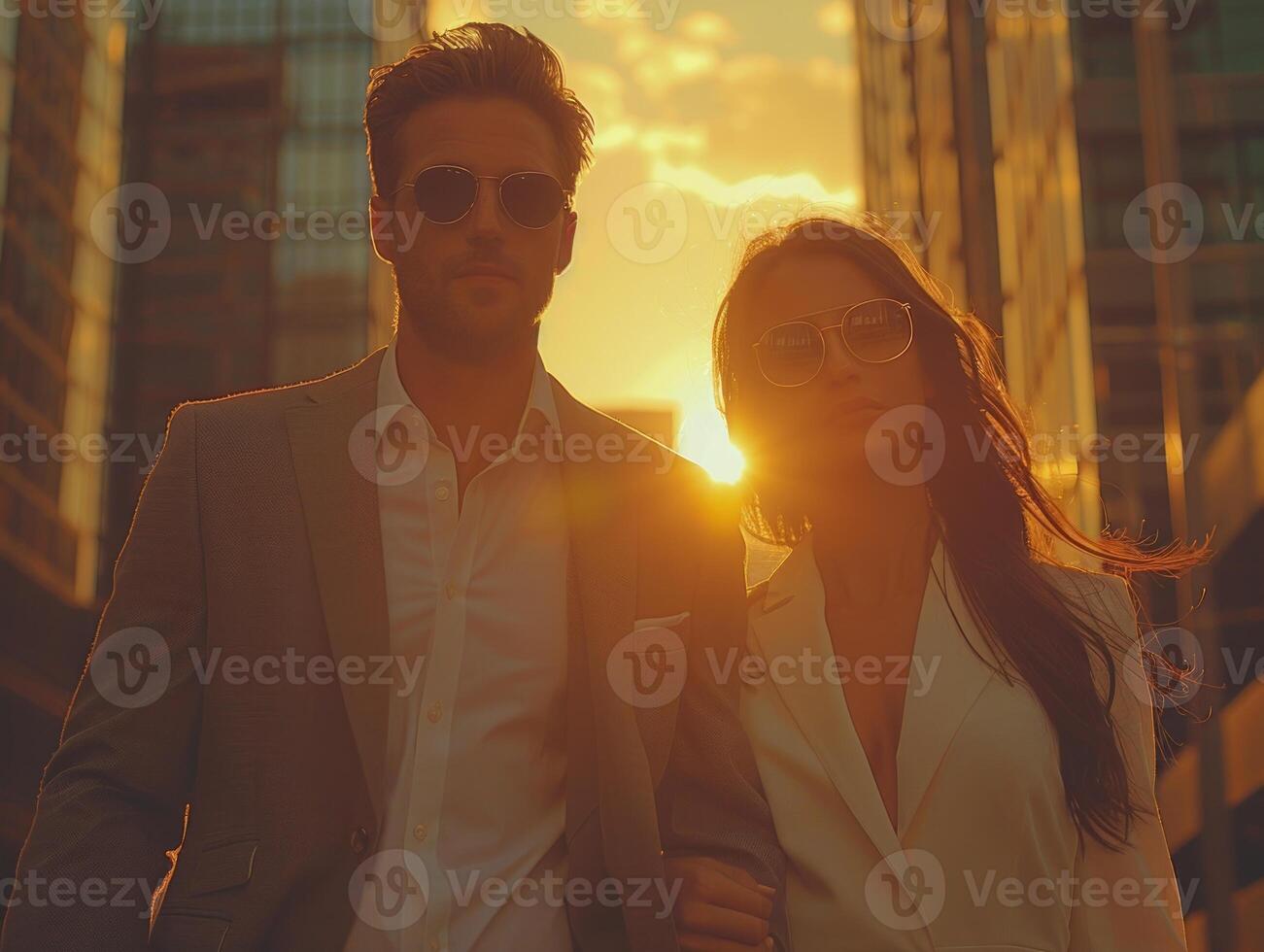 Man and woman walking together on street during sunset photo