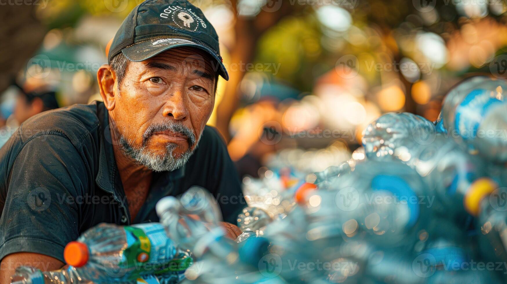 hombre clasificación el plastico botellas para reciclaje foto