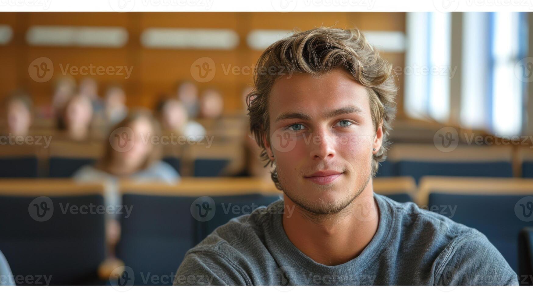 A young man attentively listens to a lecture while seated in a crowded university lecture hall photo