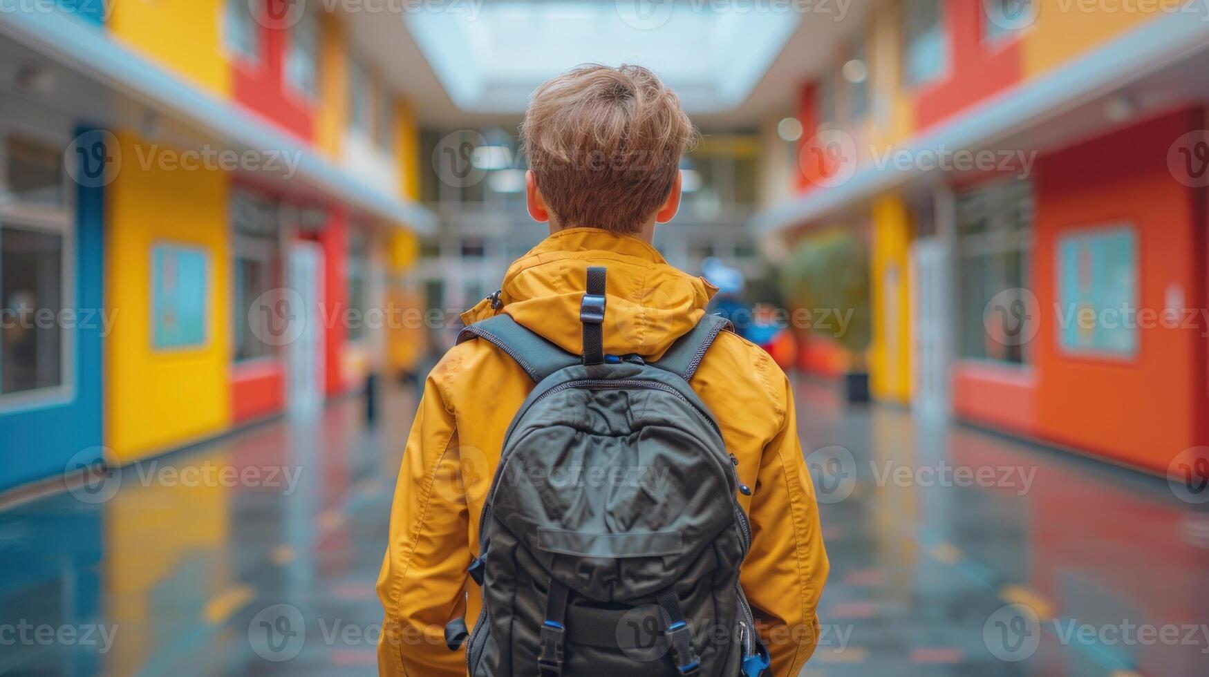 A young boy with a backpack walks down a hallway photo