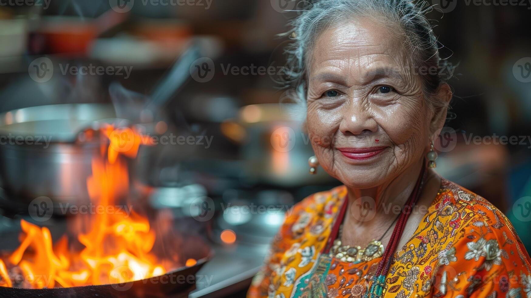 A woman is standing in front of a pot filled with food, ready to serve photo