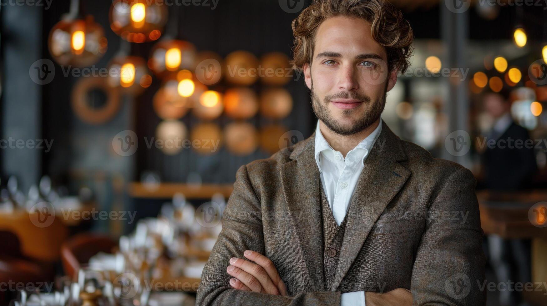 A man standing with his arms crossed in front of a bar photo