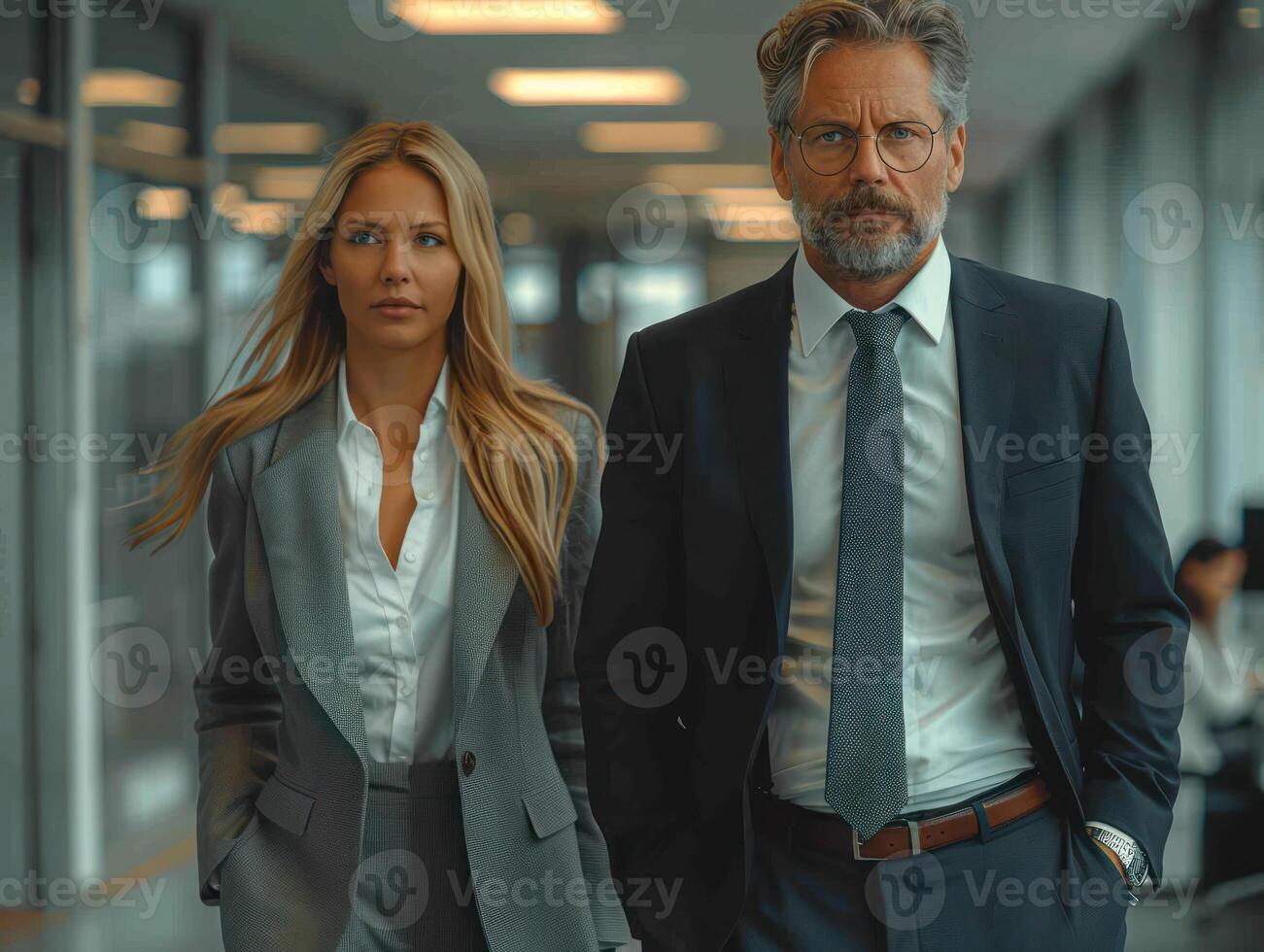 A man and a woman walking together in a hallway photo