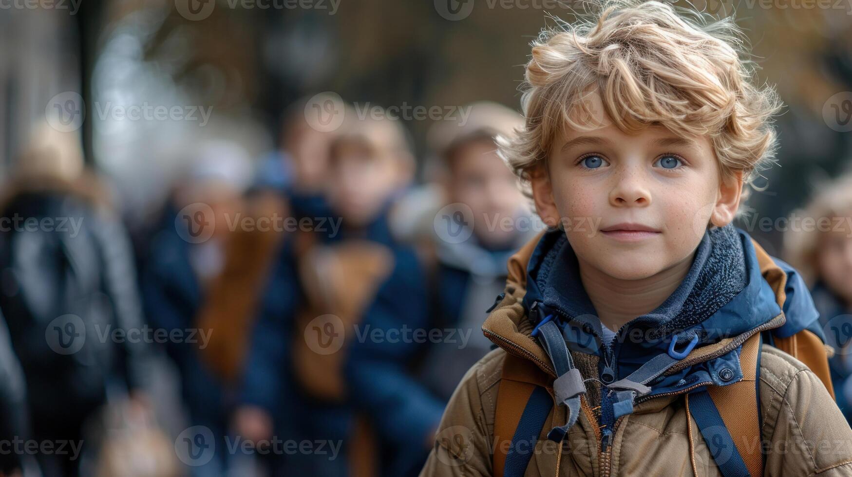 A young boy with striking blue eyes stands before a crowd of people photo