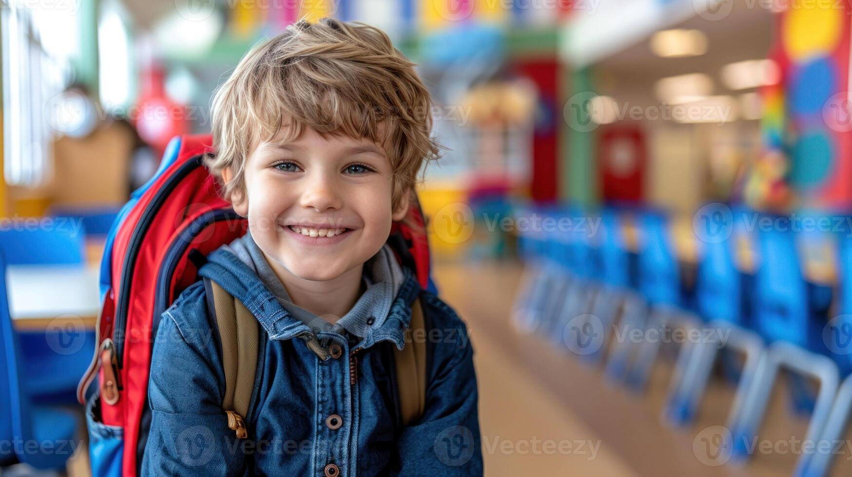 un joven chico soportes con un mochila en su espalda foto