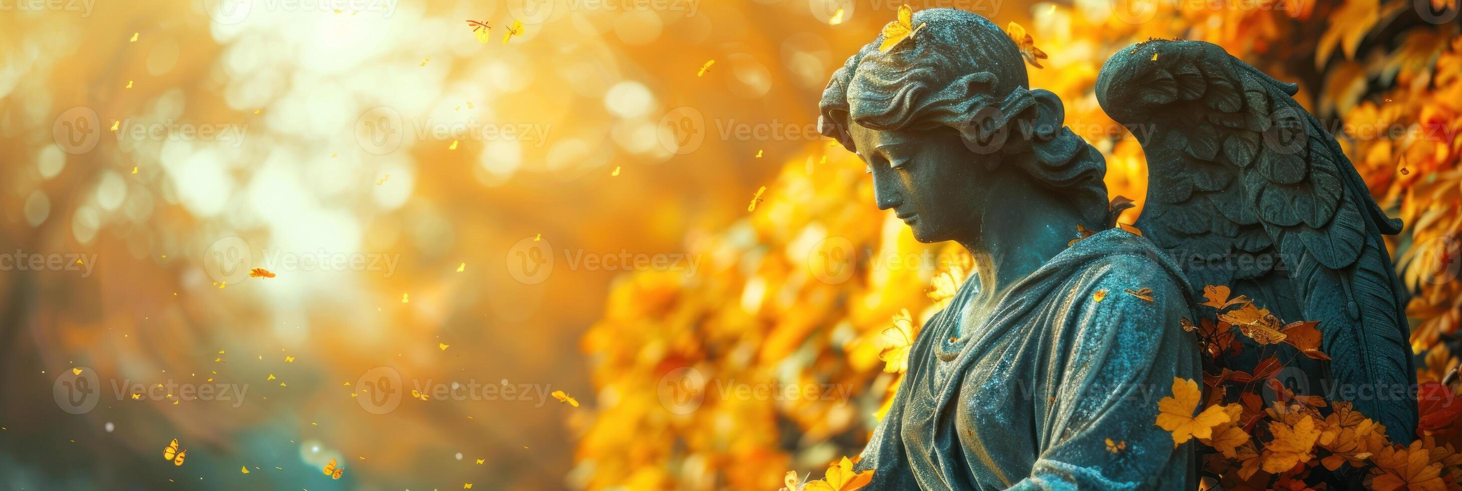 A statue of an angel surrounded by green leaves in a garden photo