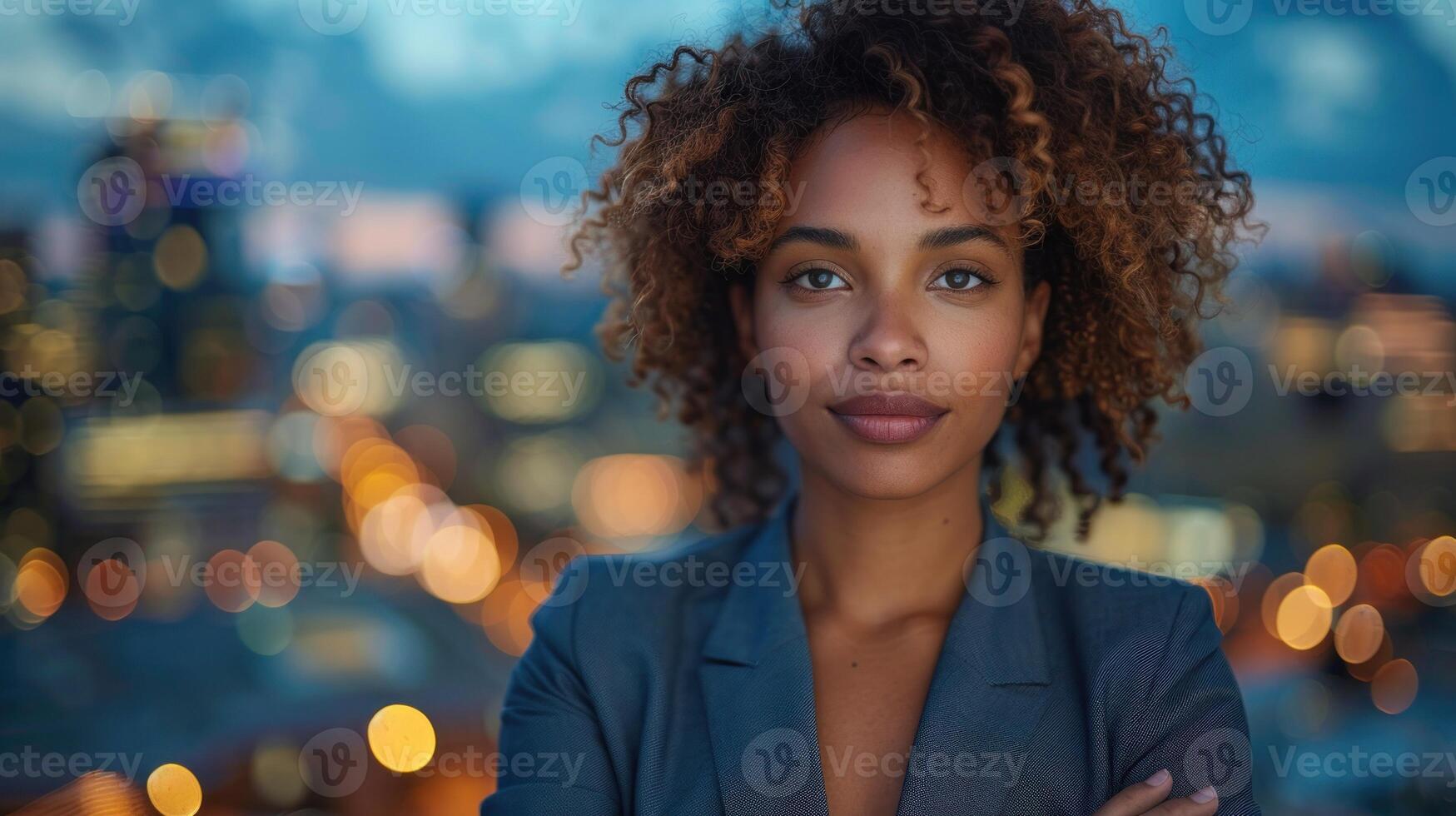 un mujer con Rizado pelo soportes en frente de un ciudad horizonte foto