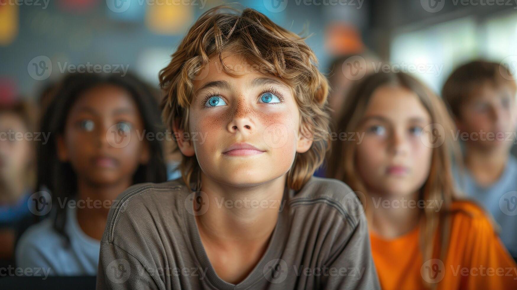 A diverse group of young individuals sitting closely next to each other photo