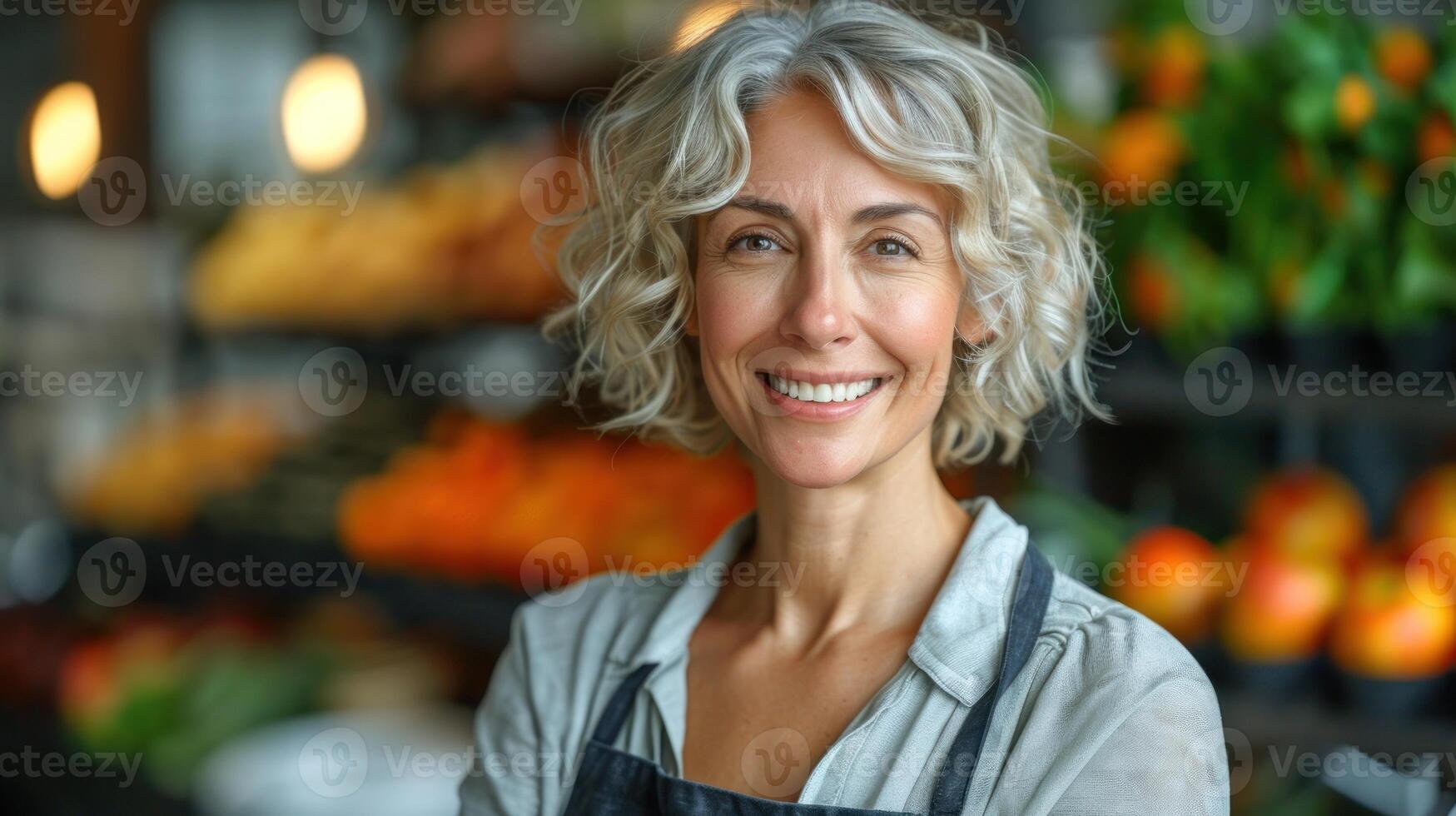 A woman with a smile on her face standing in front of a fruit stand photo