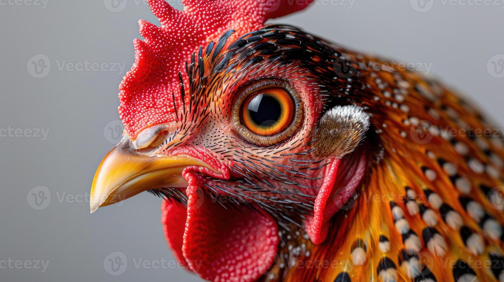 Detailed view of a roosters head against a neutral gray backdrop photo