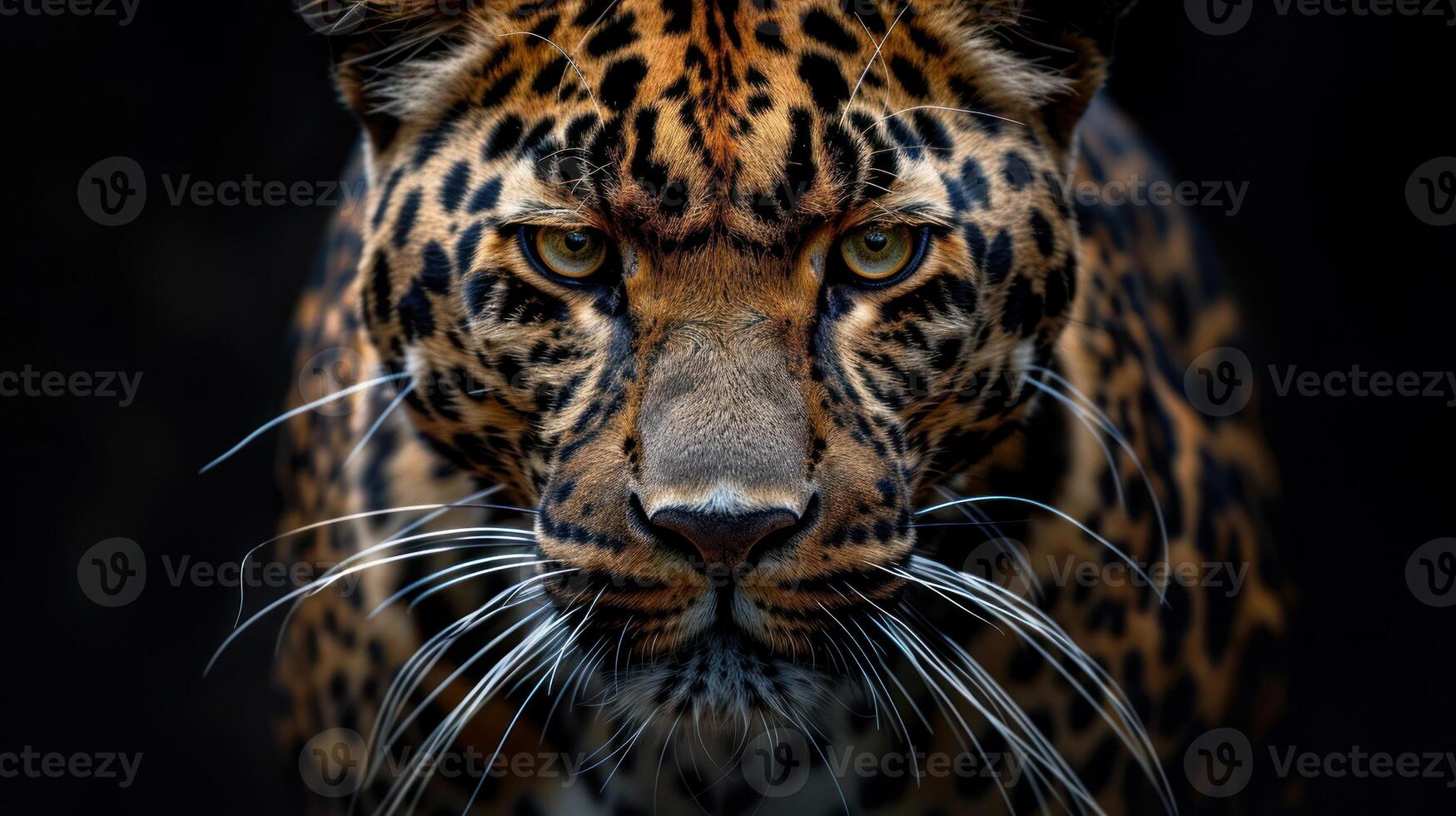A detailed view of a leopards face against a dark backdrop photo
