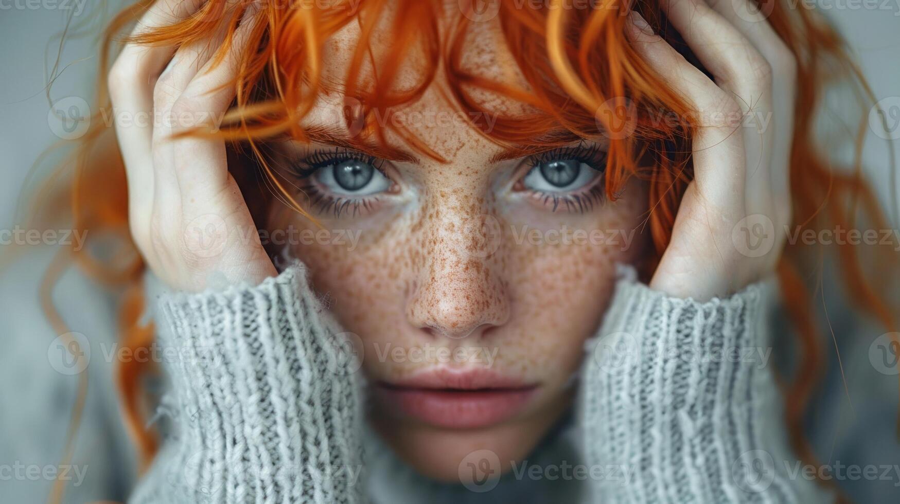 A woman with freckled hair and blue eyes looking at the camera photo