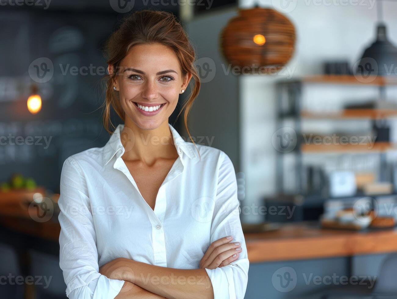 un mujer en un cocina en pie con su brazos cruzado foto