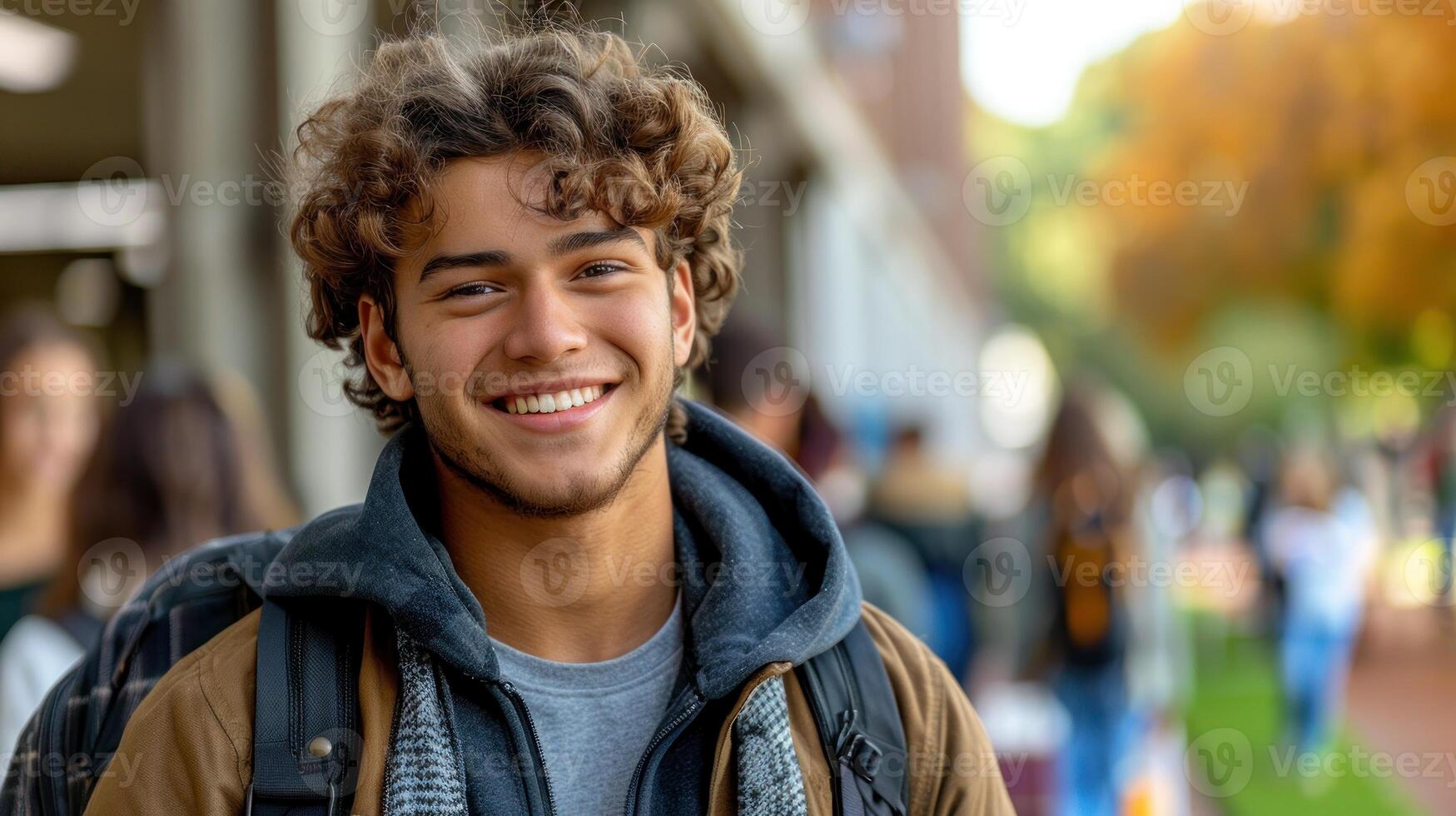 A young man with curly hair smiling directly at the camera photo