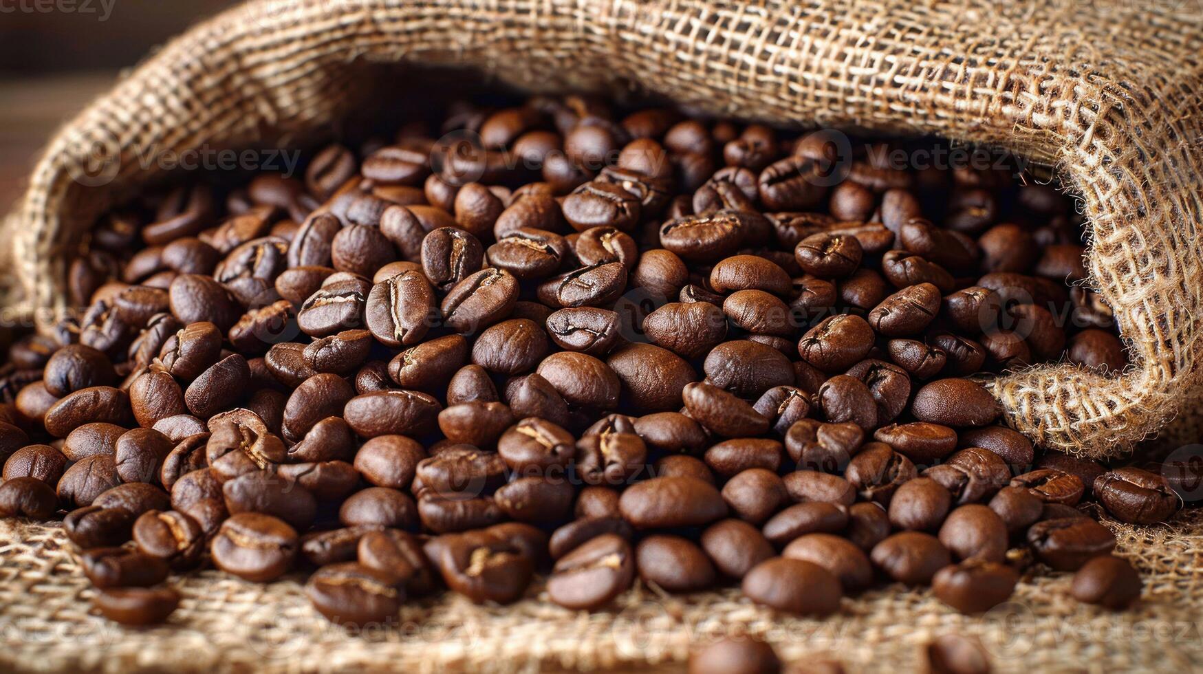 un marrón saco lleno de café frijoles descansando en parte superior de un de madera mesa foto