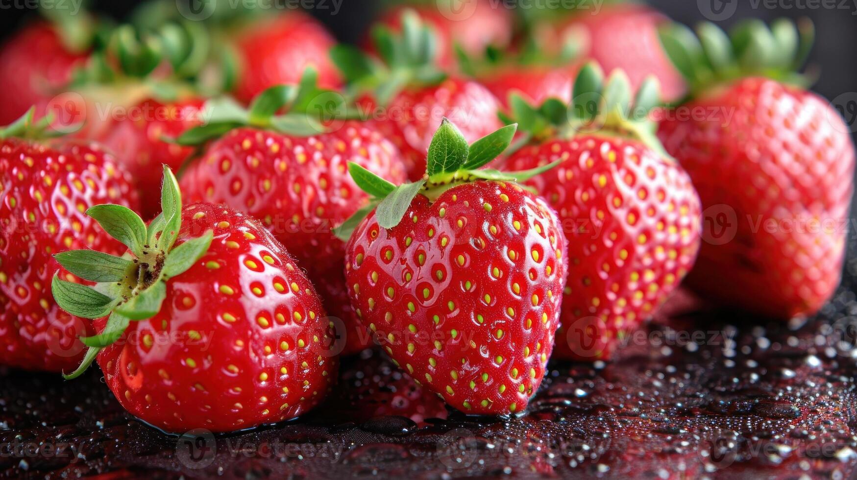 de cerca ver de un variedad de Fresco fresas arreglado en un mesa foto