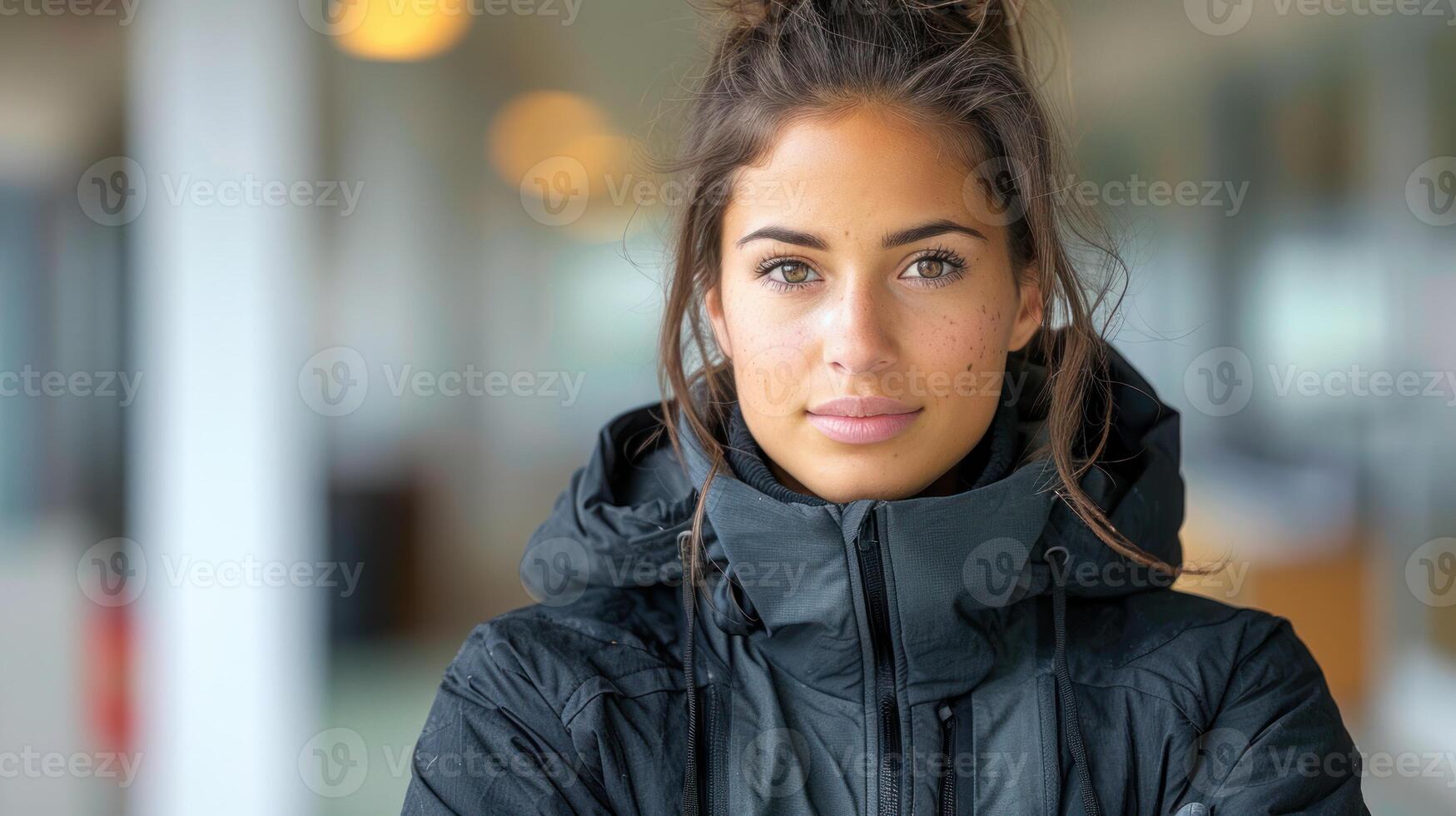 A woman wearing a black jacket is making eye contact with the camera photo