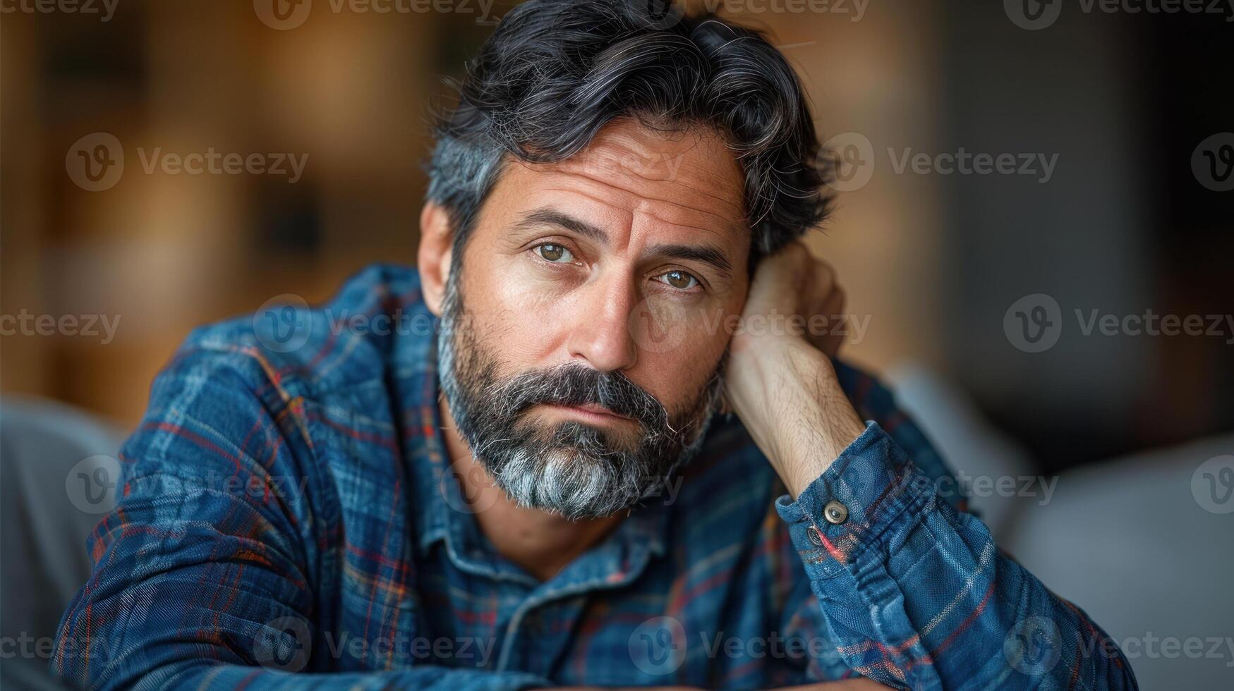 A man is seated at a table, with his hand resting on his head photo