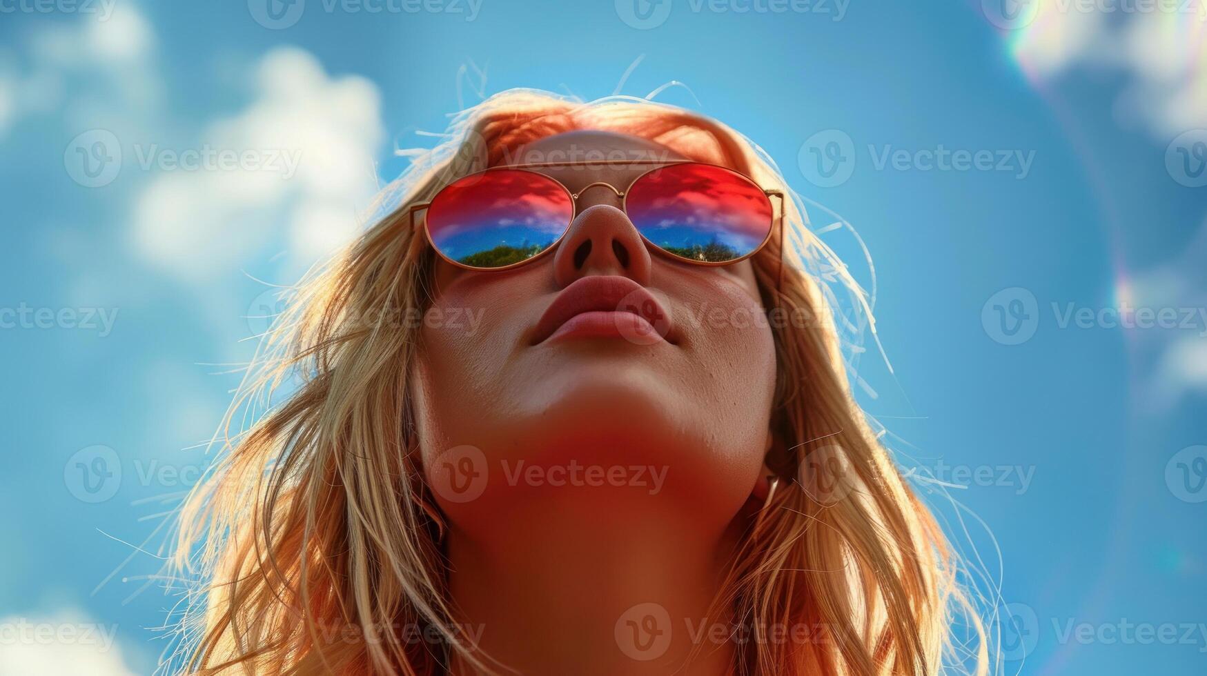 Woman in sunglasses looking up towards the sky photo