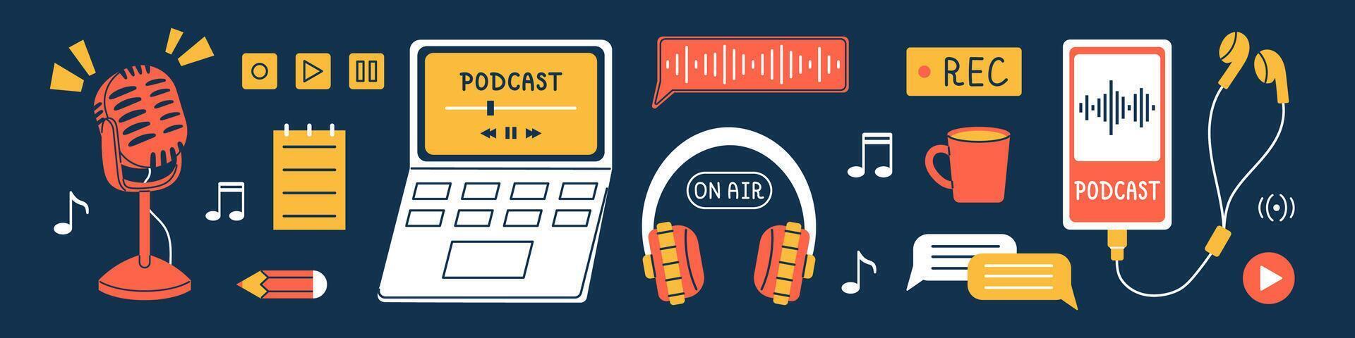 set of different podcast elements. Collection of earphones, microphone, headphones, laptop, phone and other technology for broadcast. Podcast recording and listening, broadcasting, radio. vector