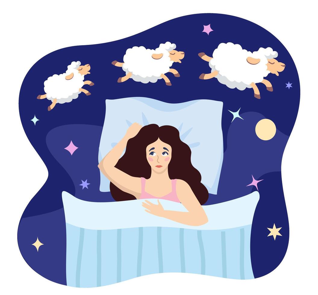 Young woman lying in bed counting sheep cant sleep at night. Exhausted girl can t sleep, lies in bed and counts sheep vector