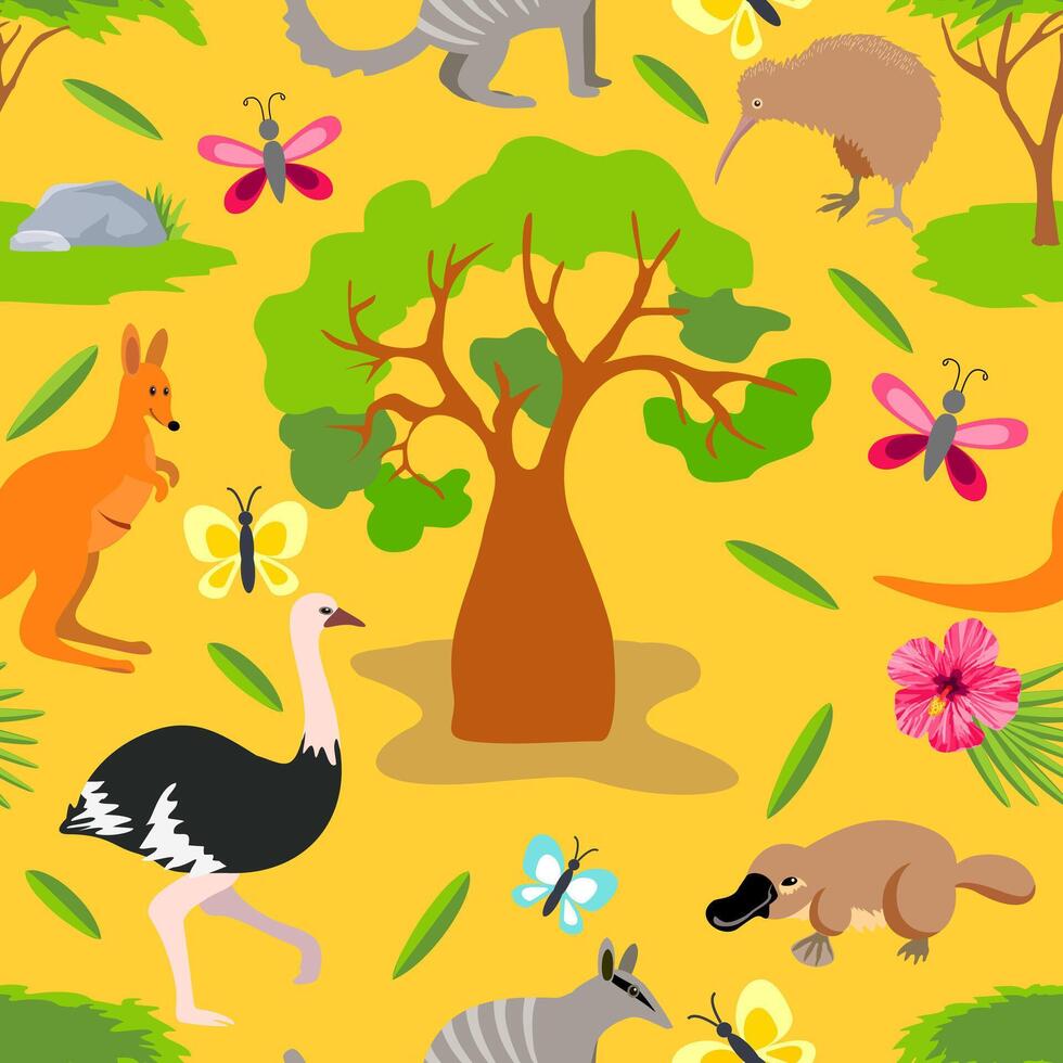 Australian animals seamless pattern. Colored seamless background, australian animals, birds and plants. Kangaroo, ostrich, platypus. For fabric, carpet wallpaper vector